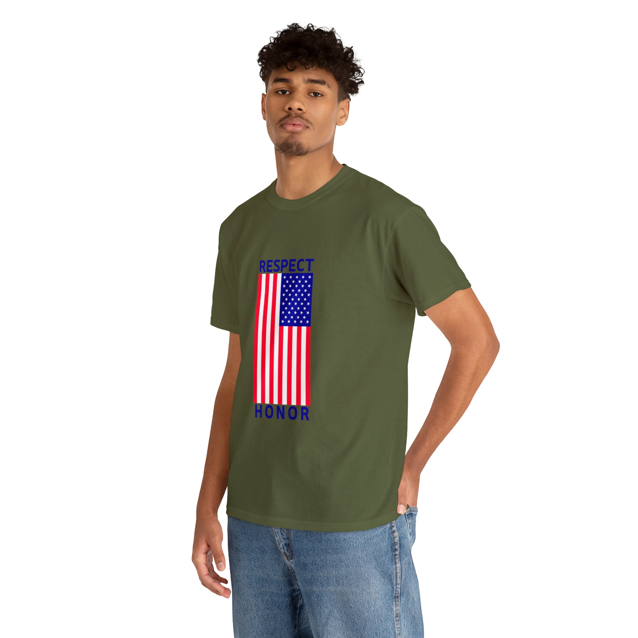 Adult man wearing military green T-Shirt with "Respect Honor" Inspired Classic American Flag on front.