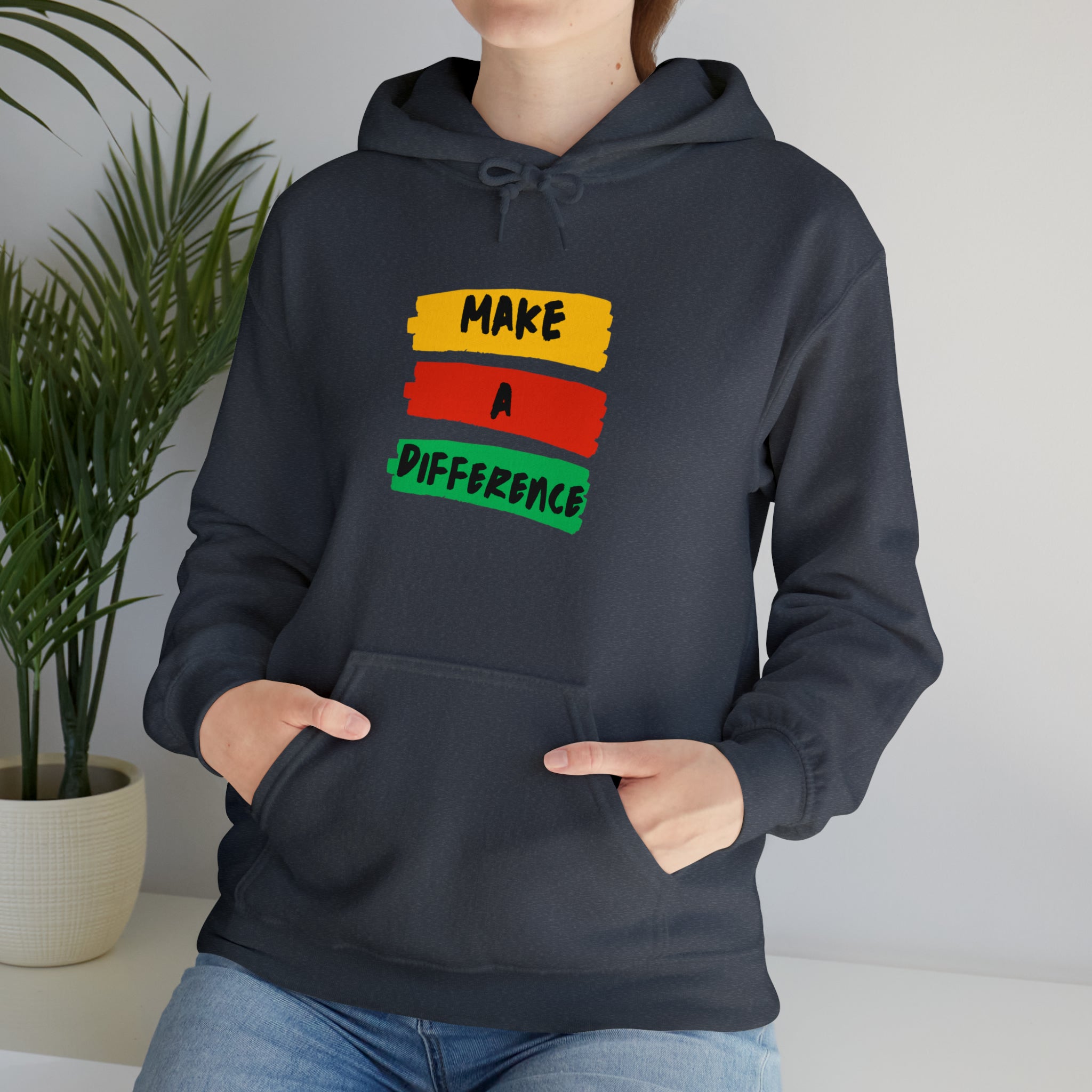 Adult female wearing dark heather hoodie " Make A Difference" inspired images.