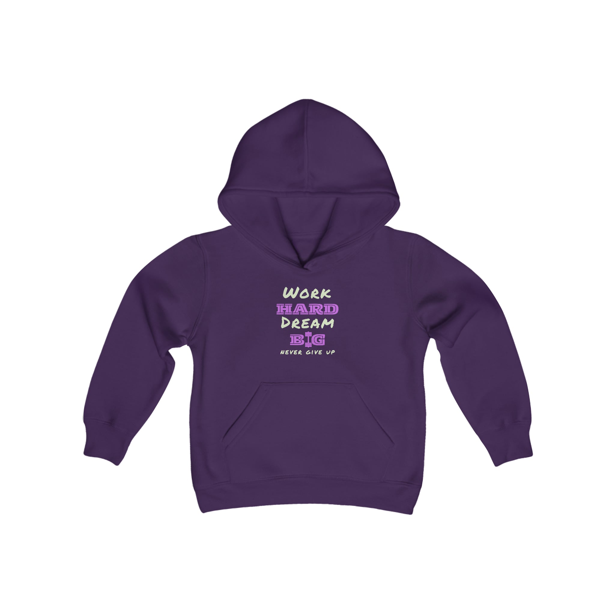Youth Unisex purple  hoodie with Work Hard Dream Big Never Give Up Image on front.