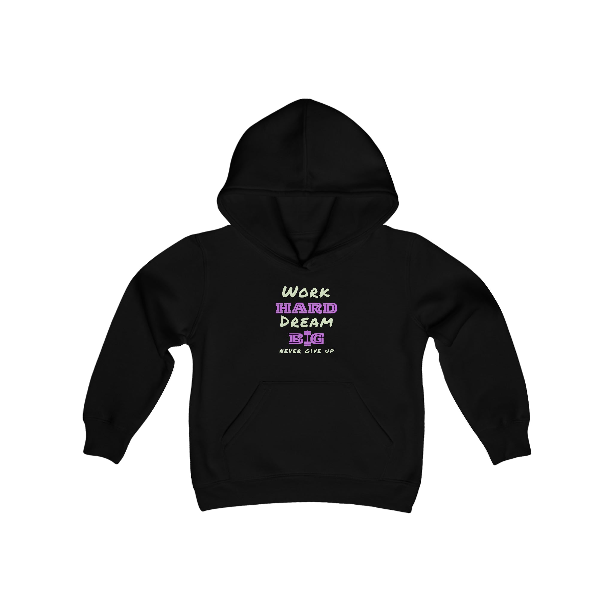 Youth Unisex carolina black hoodie with Work Hard Dream Big Never Give Up Image on front.