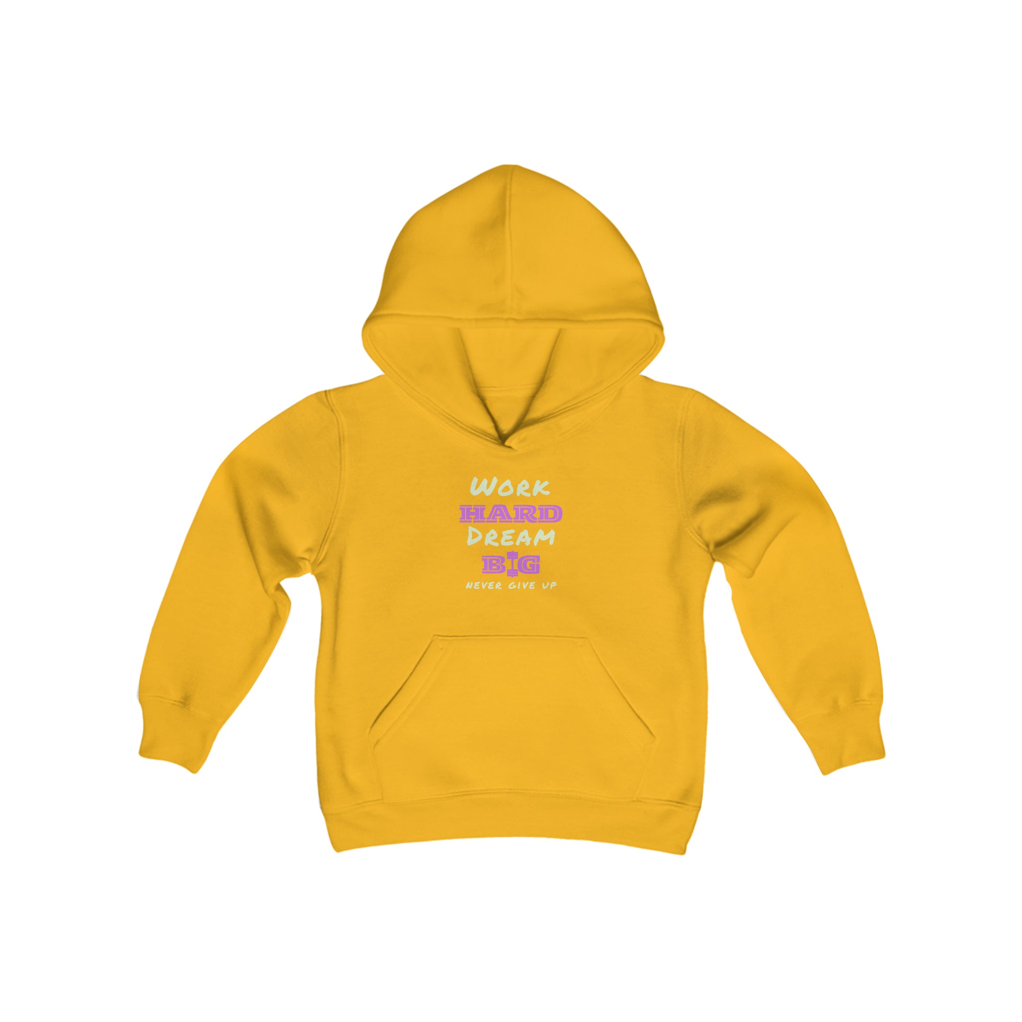 Youth Unisex carolina gold hoodie with Work Hard Dream Big Never Give Up Image on front.