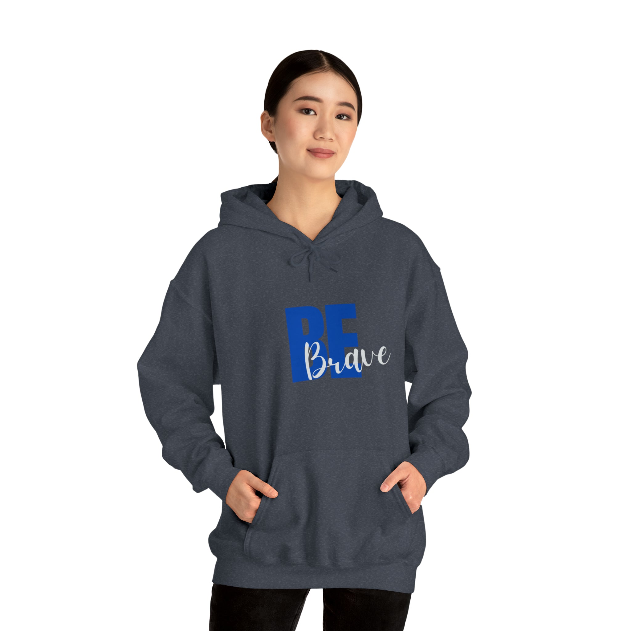 Adult Women wearing dark heather  hoodie with "Be Brave" motivational image on front.
