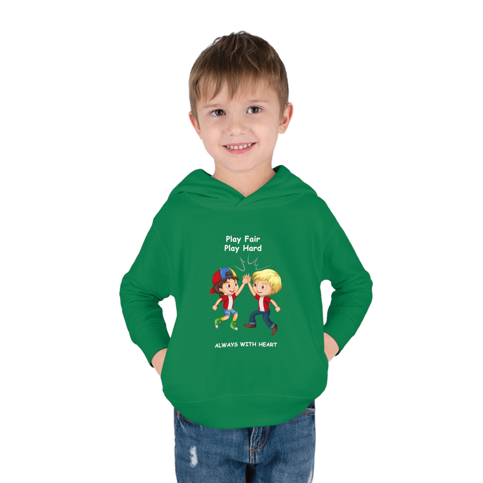 Boy Toddler wearing unisex irish green hoodie with " Play Fair Play Hard Always with Heart" inspired graphic