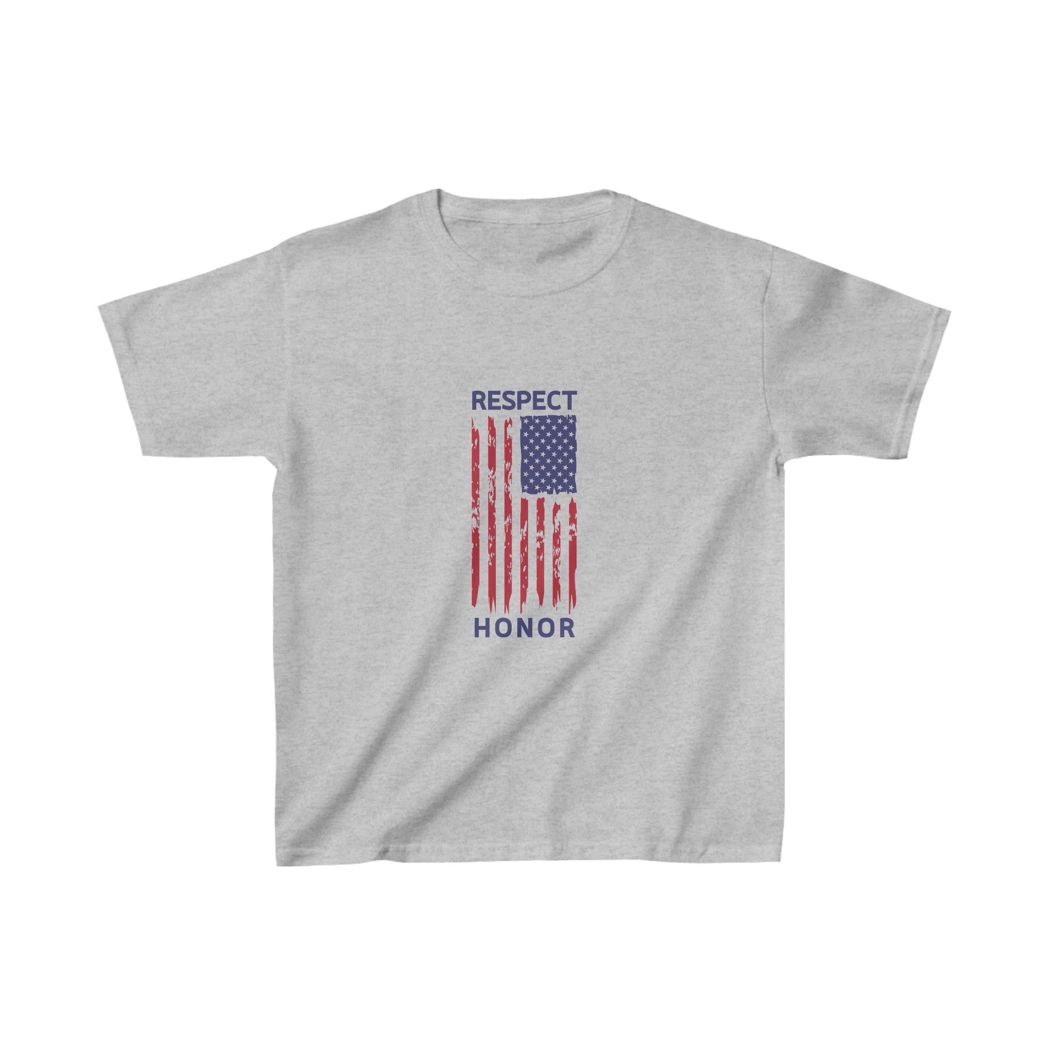 Youth unisex sports grey T-Shirt with" Respect and Honor" Rustic inspired American Flag graphic.