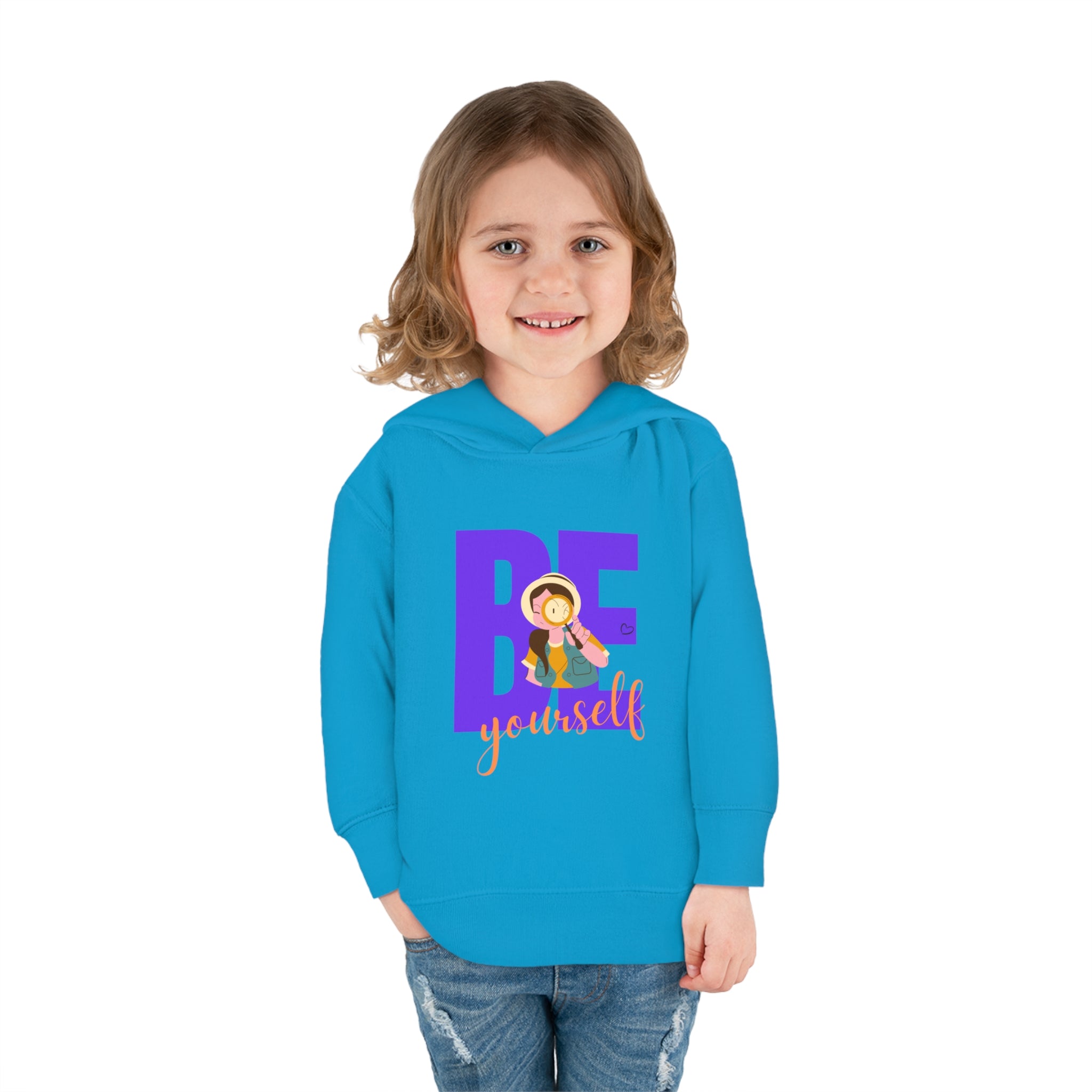 Toddler girls wearing turquoise  hoodie with "Be Yourself" motivational image on front.