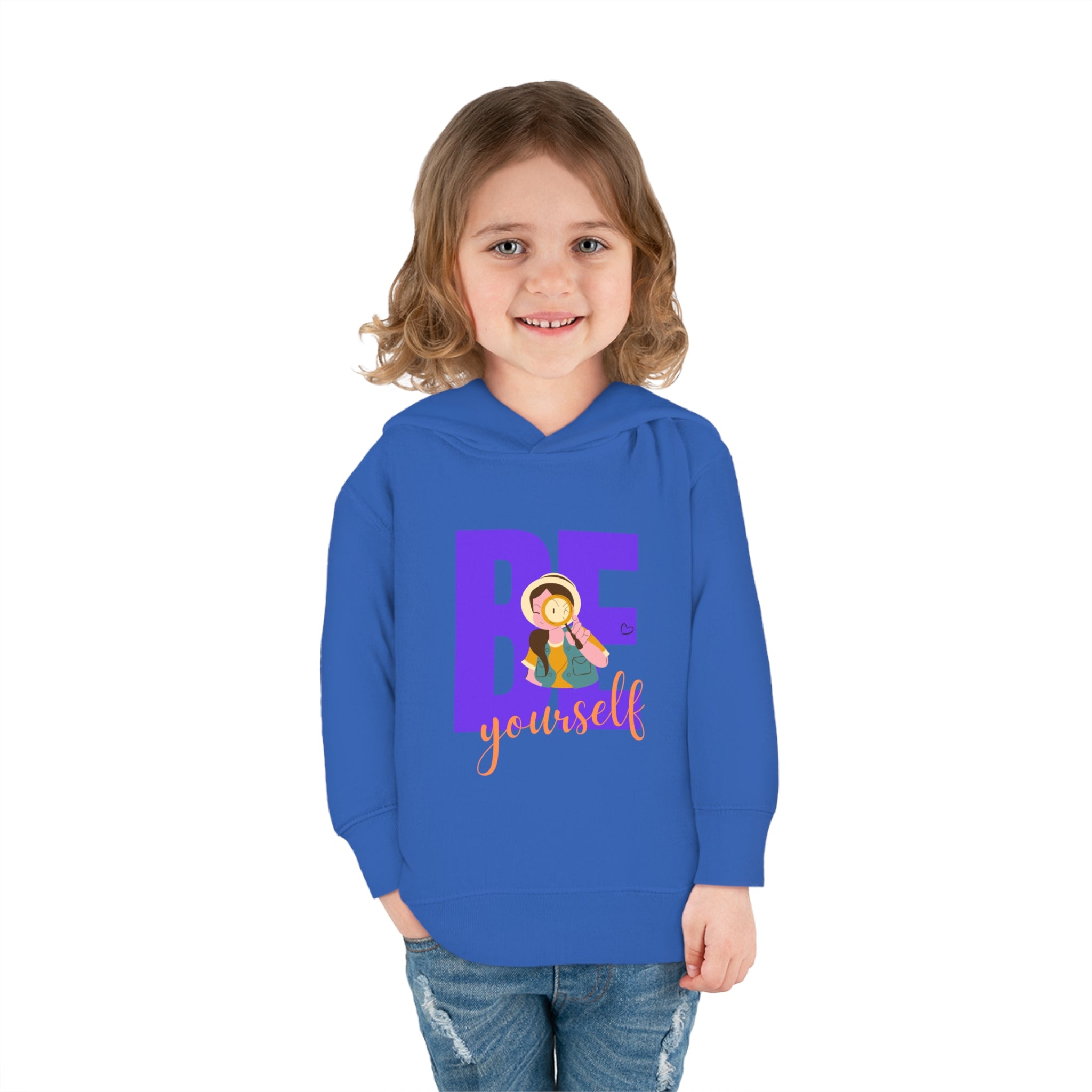 Toddler girls wearing royal blue hoodie with "Be Yourself" motivational image on front.