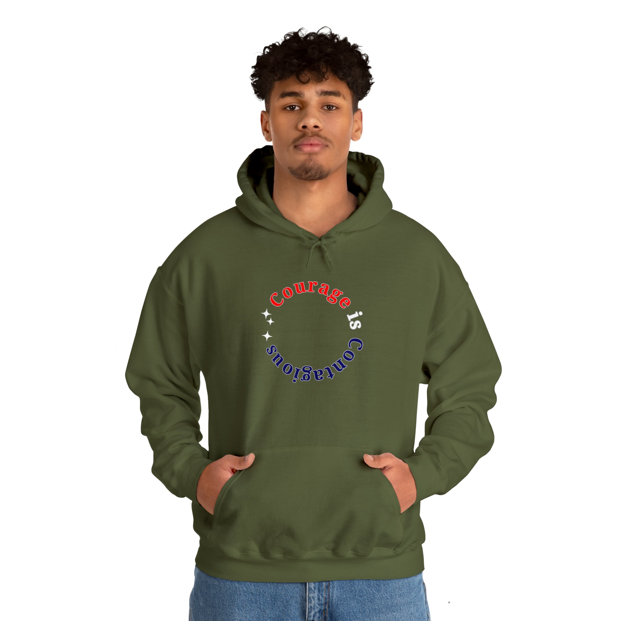 Adult man wearing military green hoodie " Courage is Contagious" inspired message on front.
