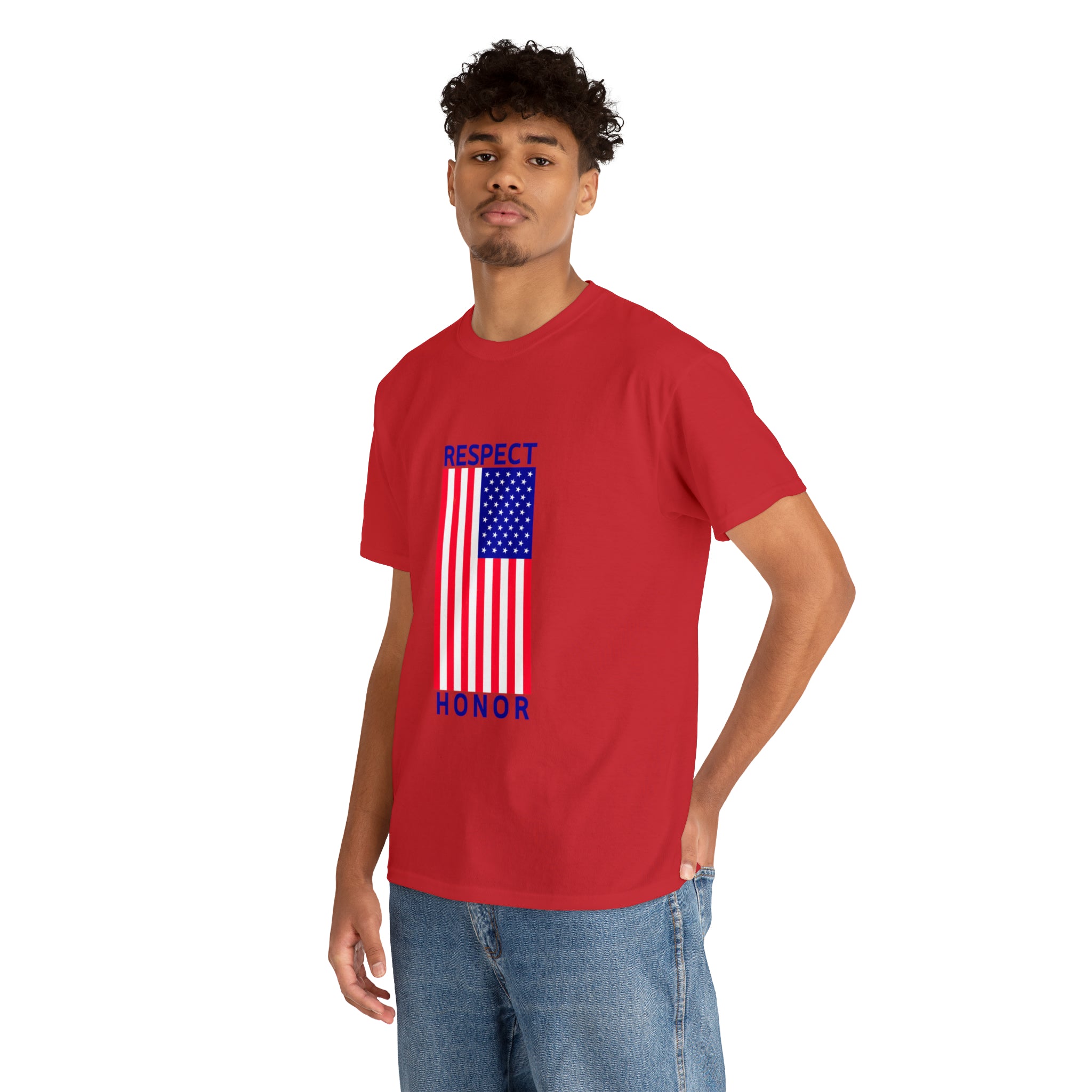 Adult man wearing red T-Shirt with "Respect Honor" Inspired Classic American Flag on front.