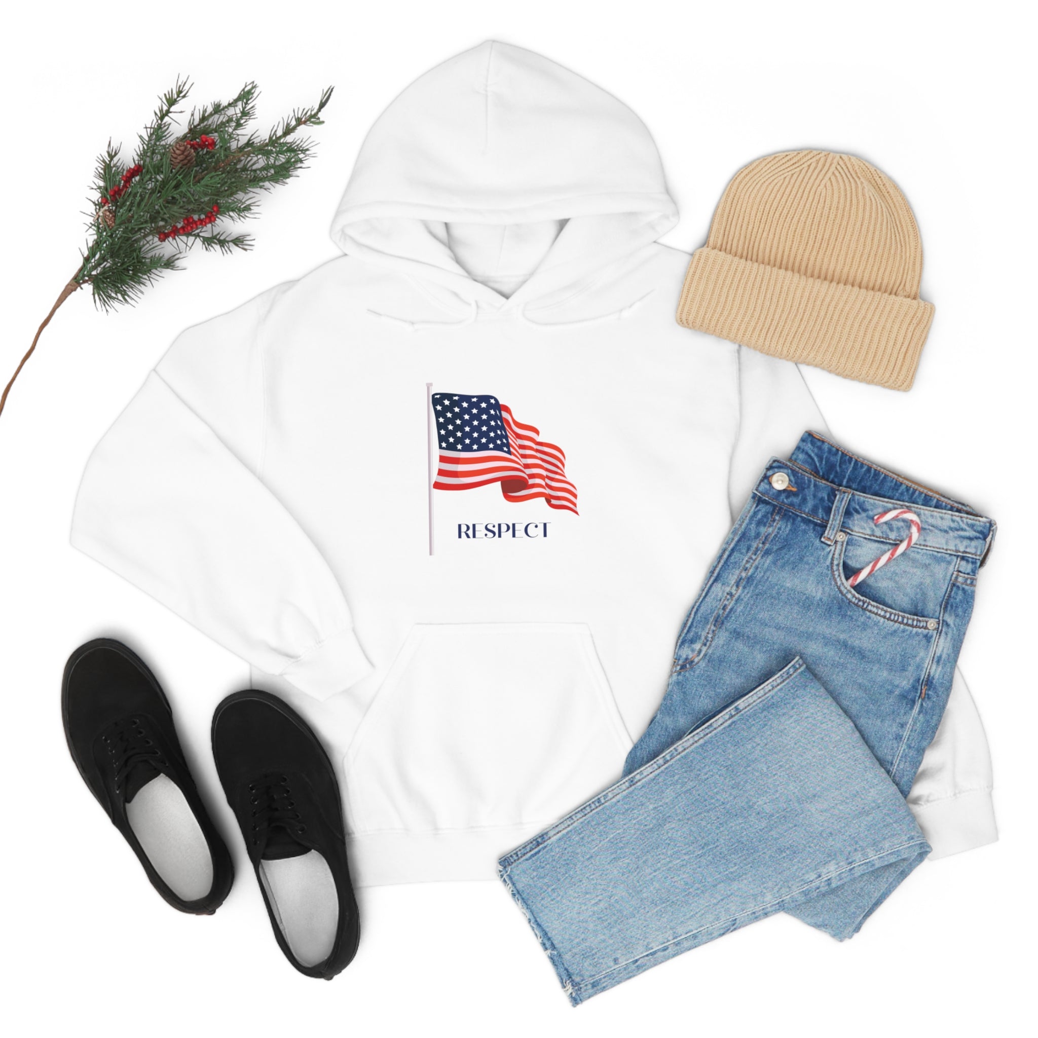Adult unisex white hoodie with "Respect" inspired American Flag on front. Blue jeans tan hat black shoes.