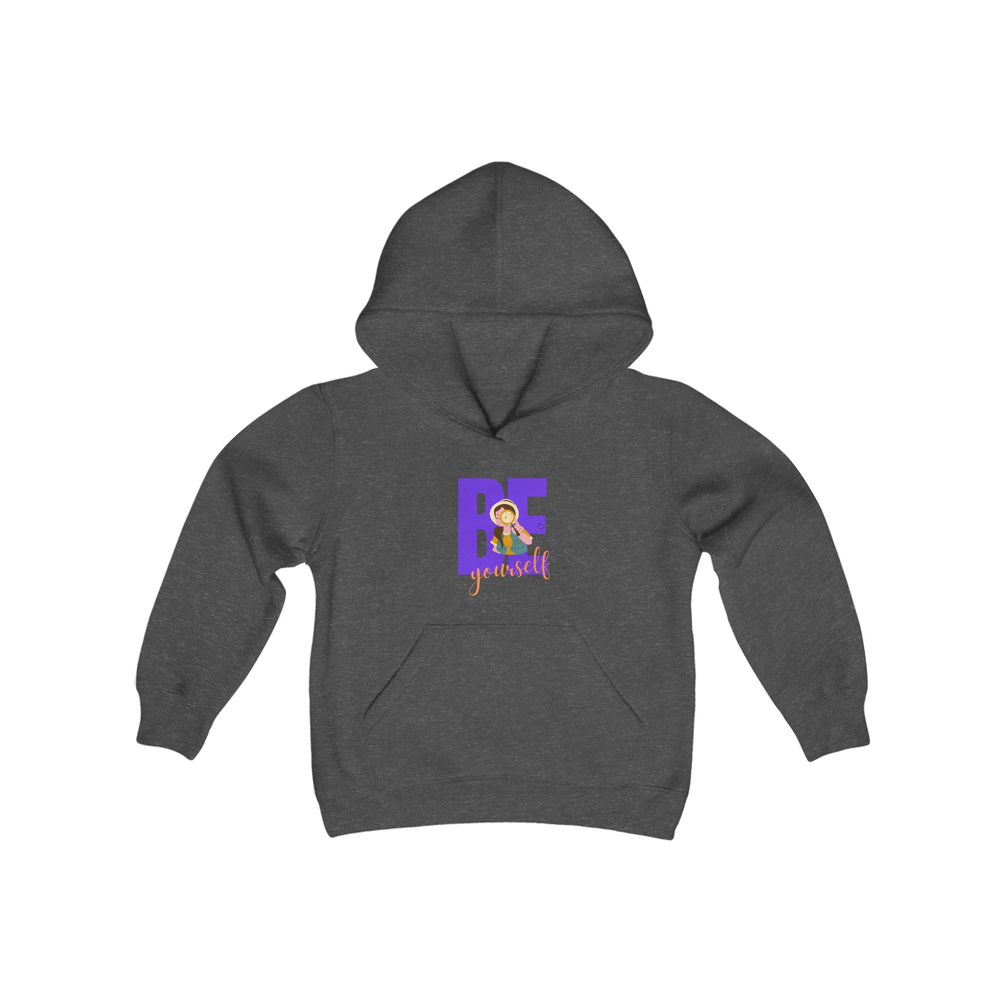 Youth girl wearing dark heather hoodie with "Be Yourself" motivational image on front.