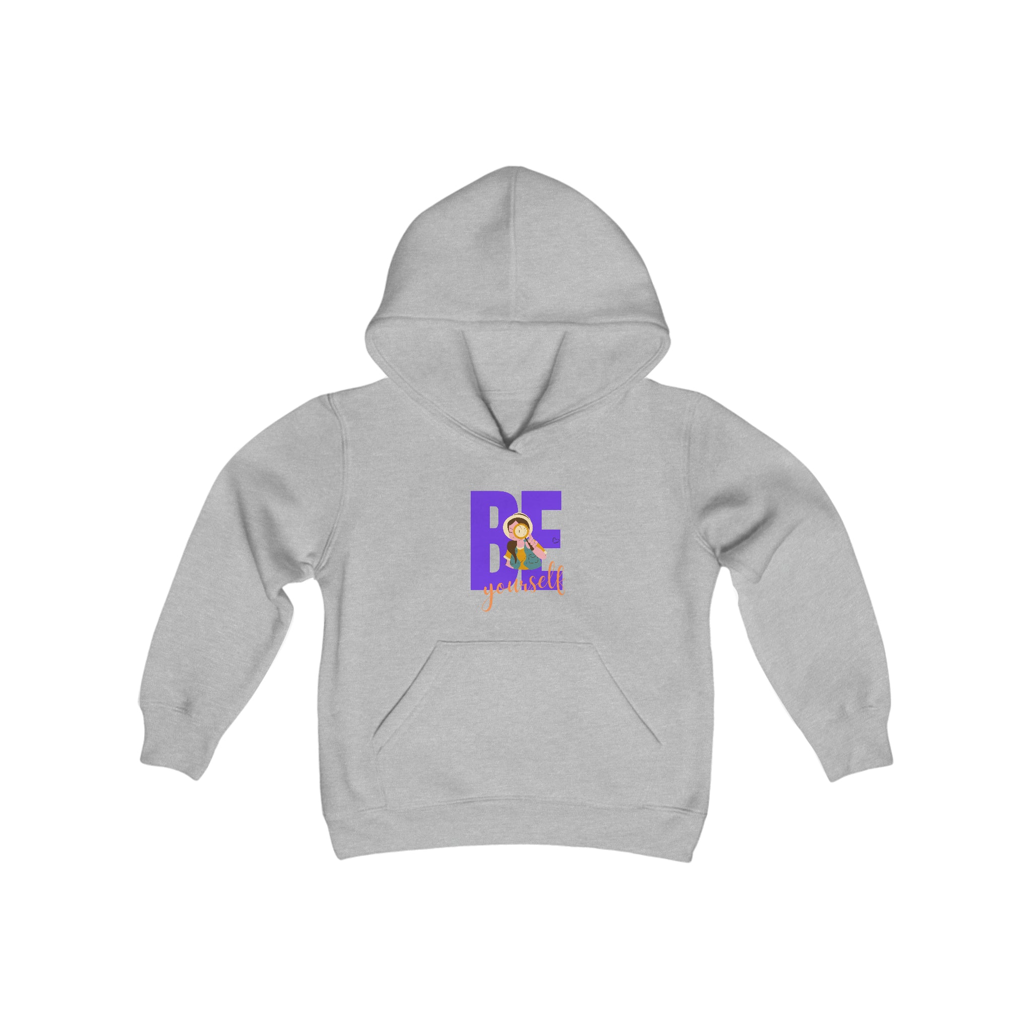 Youth girl wearing grey hoodie with "Be Yourself" motivational image on front.