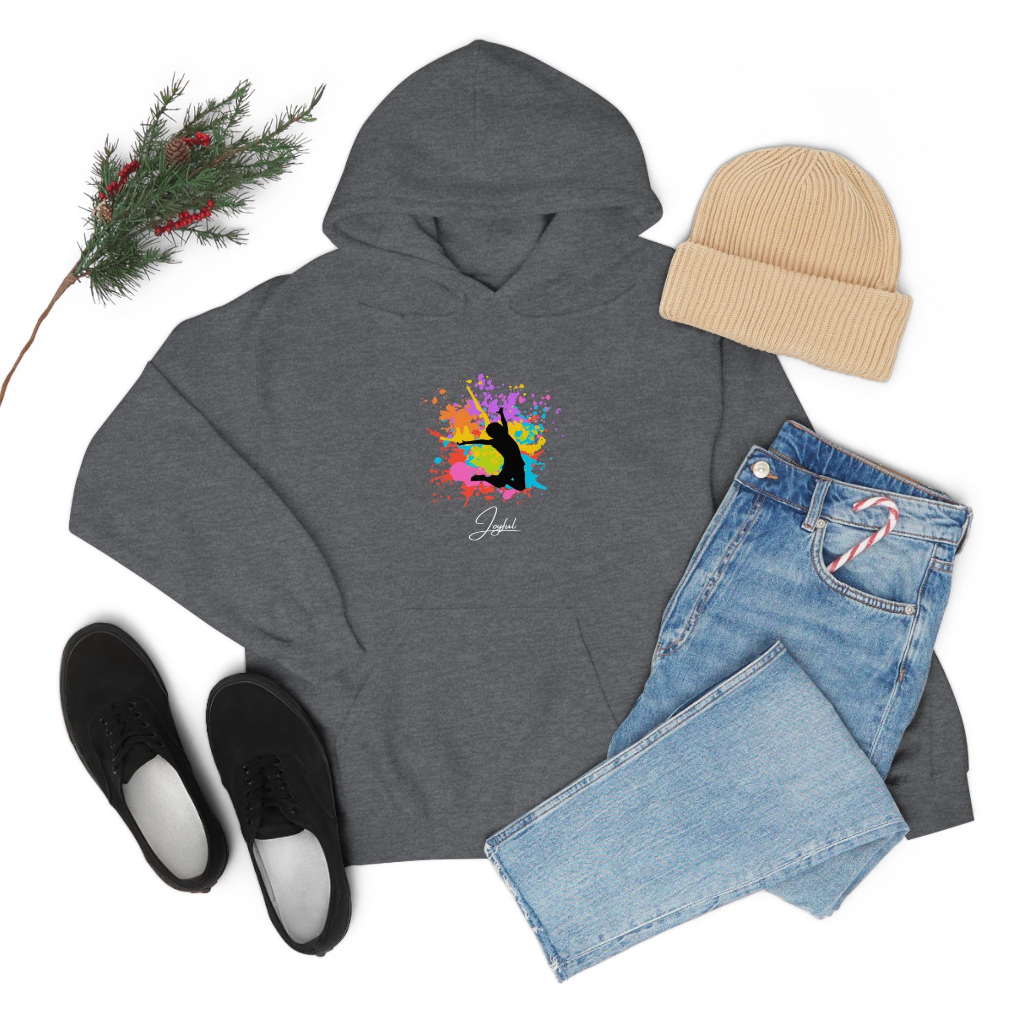 Adult outfit display with dark heather hoodie with "Joyful " graphic on front, black shoes, blue jeans, tan hat .