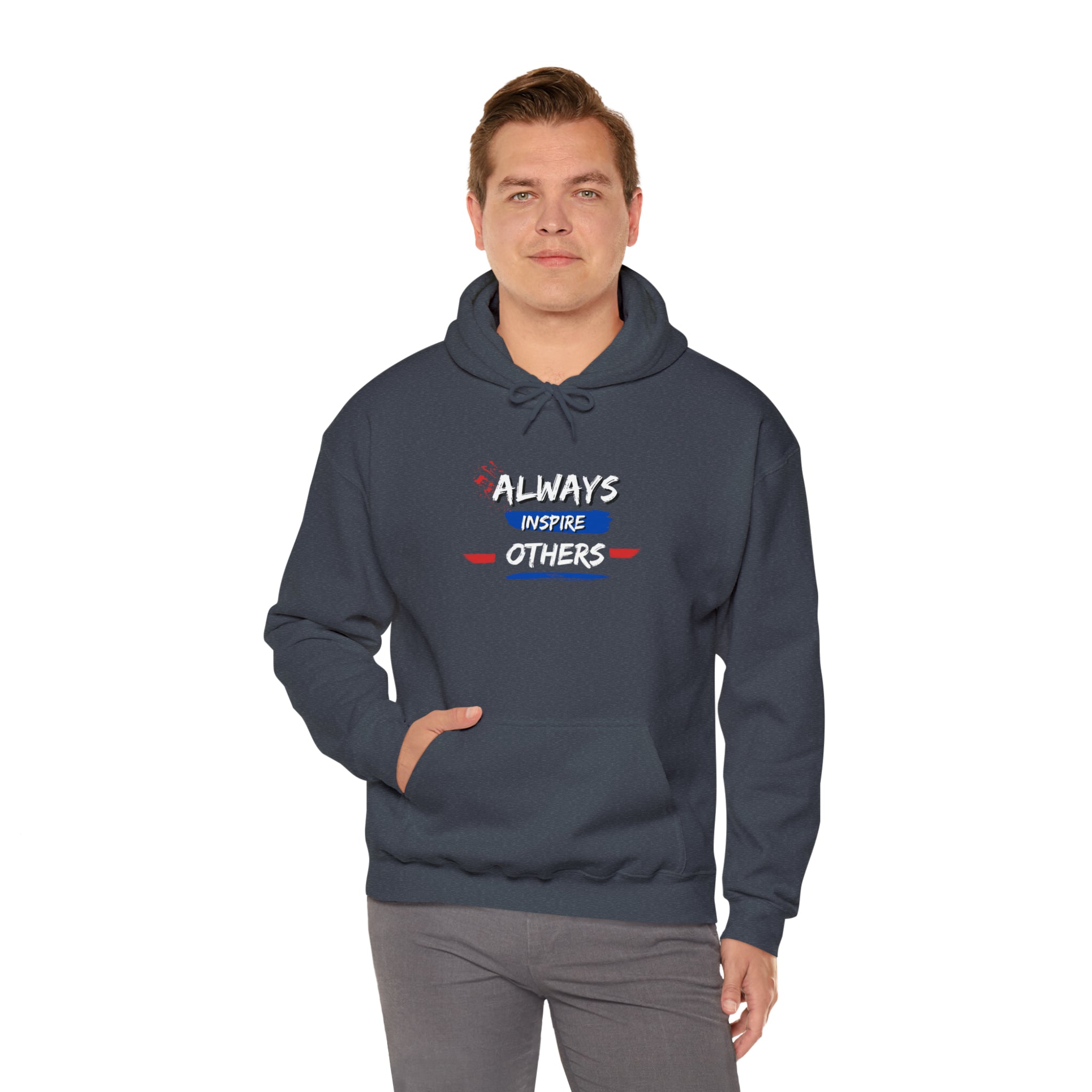 Adult male wearing heather navy hoodie with "Always Inspire Others" image on front.