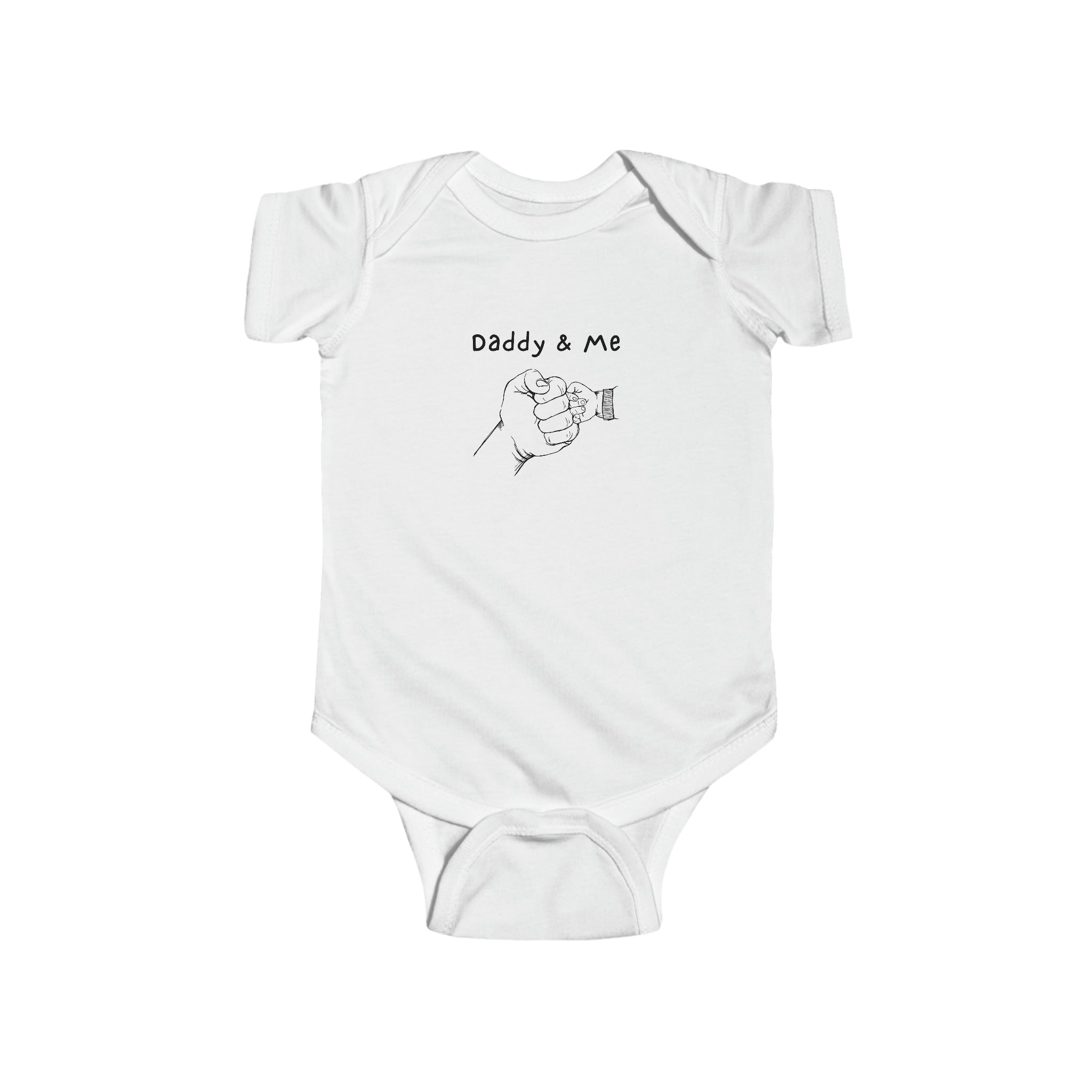 Infant unisex white onesie with "Daddy & Me" inspired fist bump graphic on front.