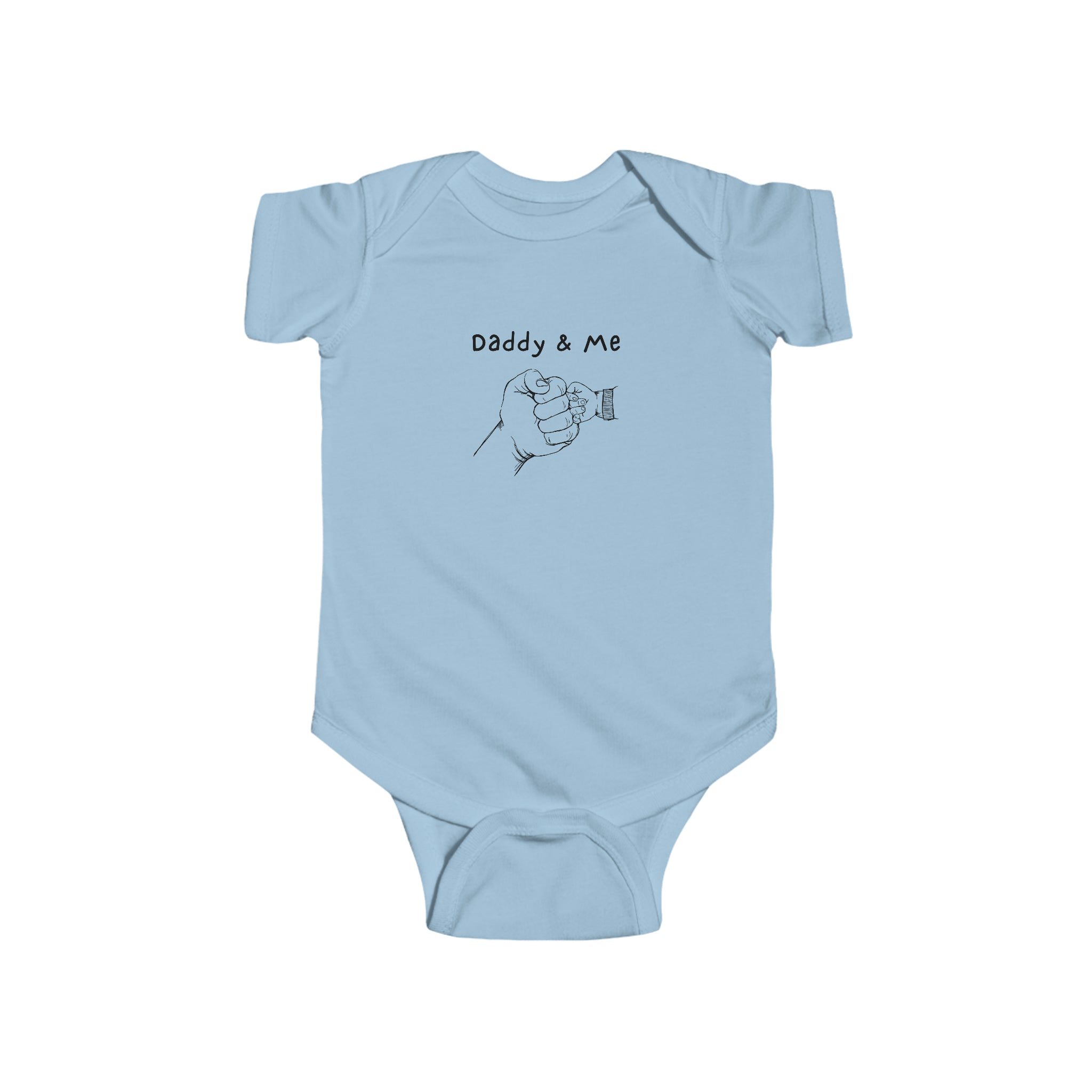 Infant unisex light blue onesie with "Daddy & Me" inspired fist bump graphic on front.