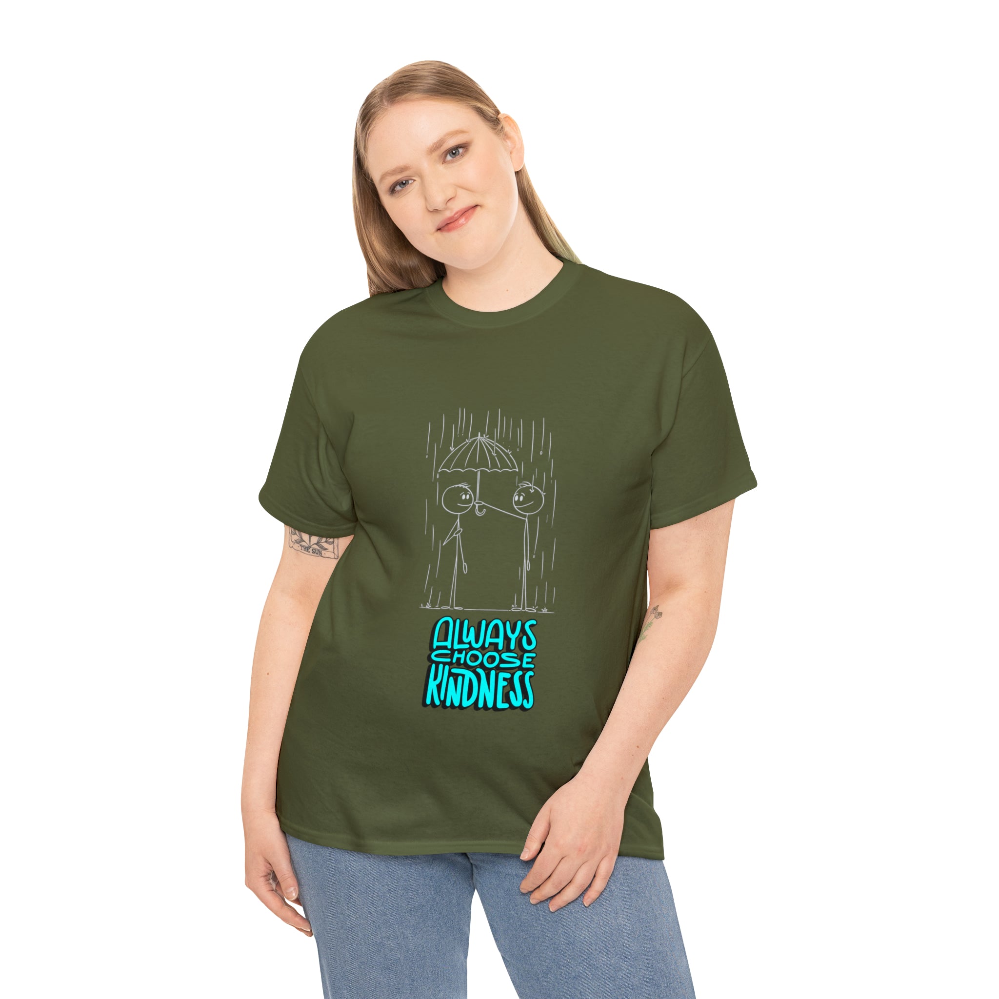 Adult female wearing army green  T-shirt with "Always choose kindness" Motivational image on front.