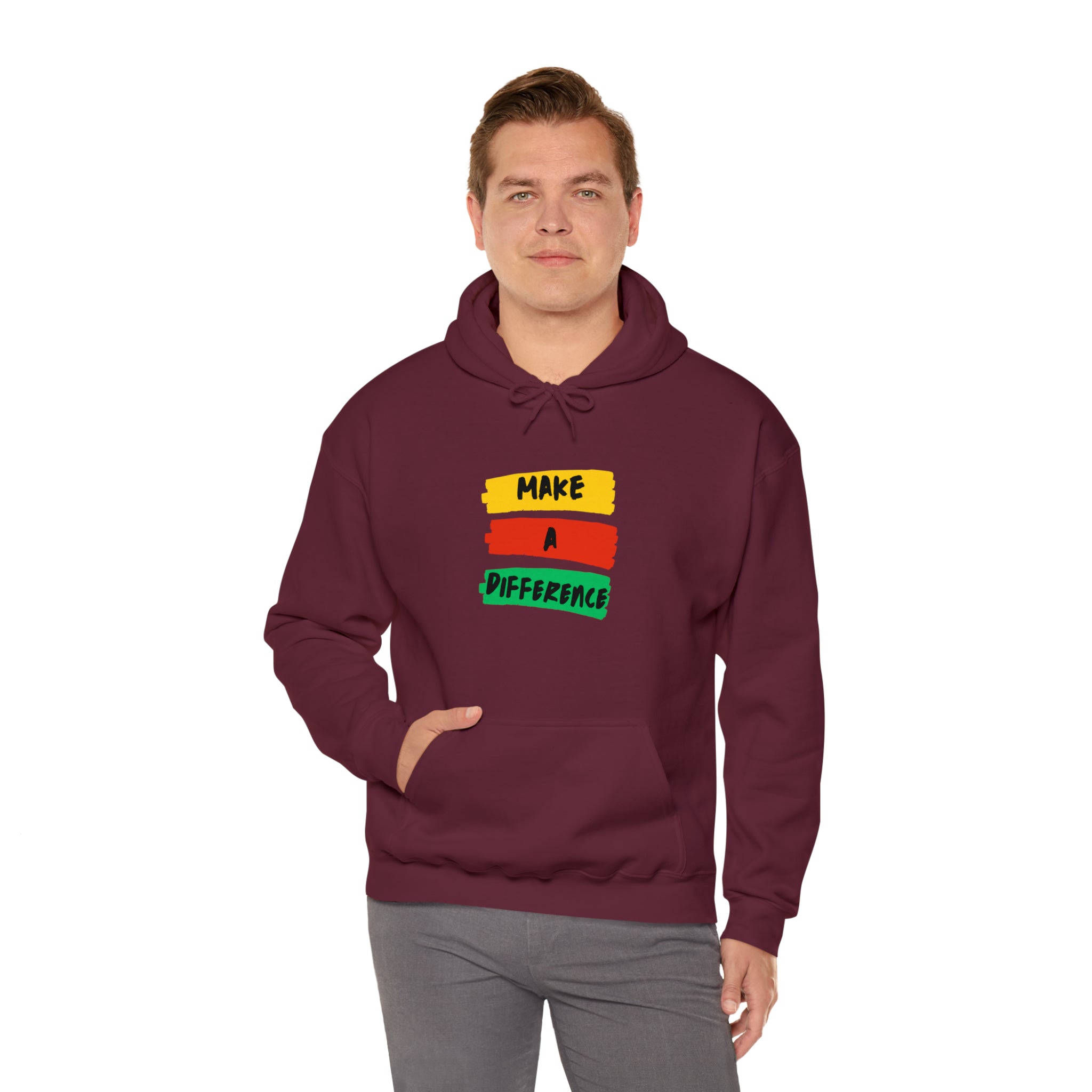 Adult Male wearing maroon  hoodie " Make A Difference" inspired images.
