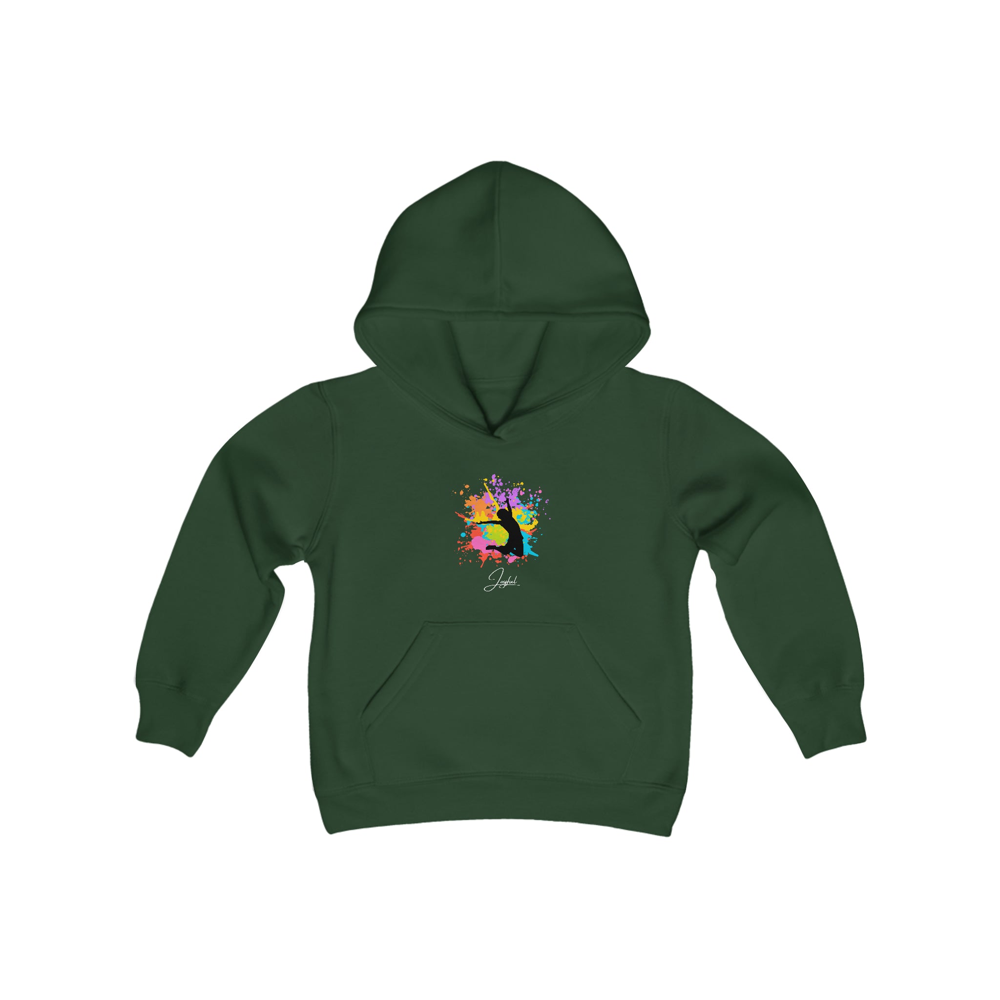 Youth unisex forest green hoodie with" Joyful" inspired graphic on front.
