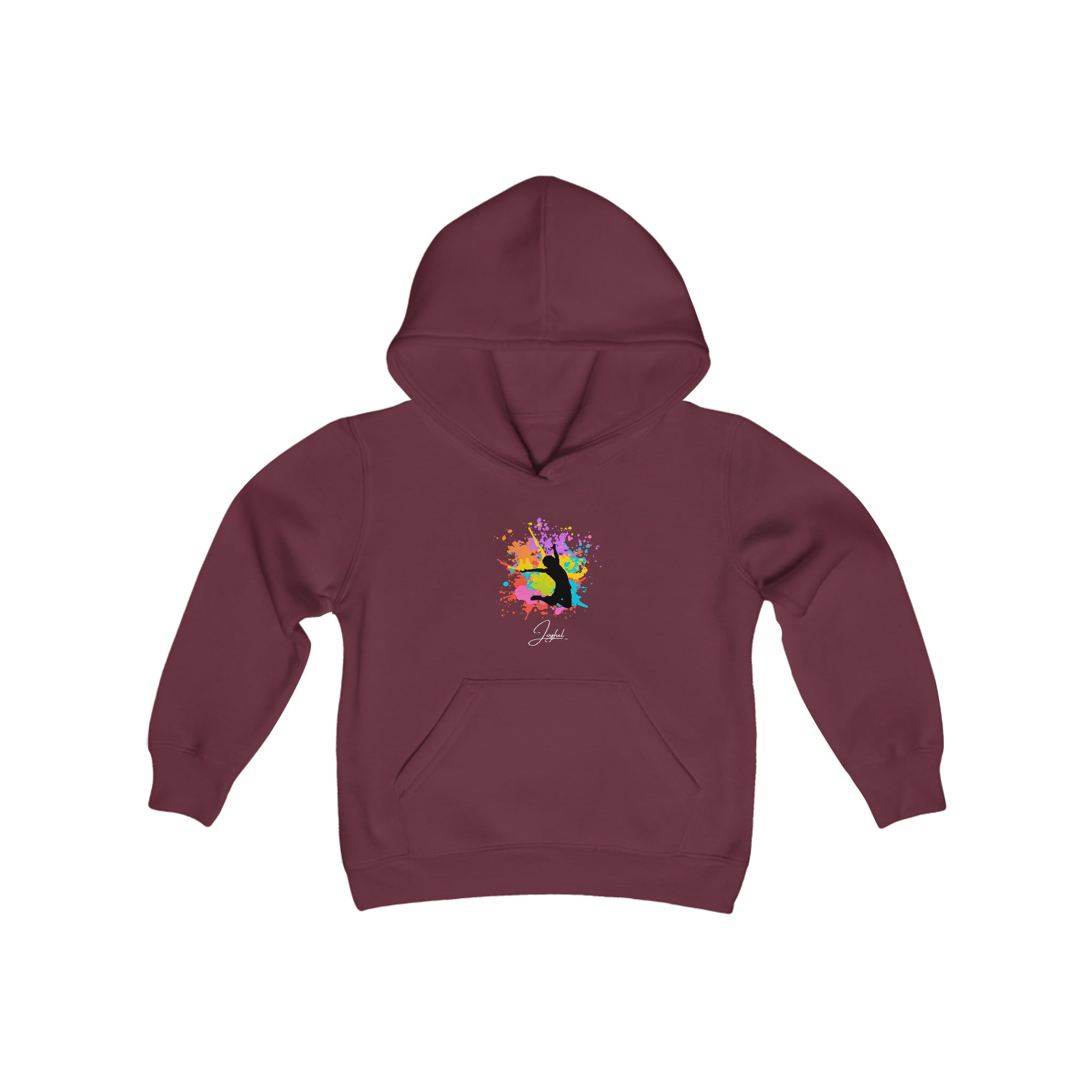 Youth unisex maroon hoodie with" Joyful" inspired graphic on front.