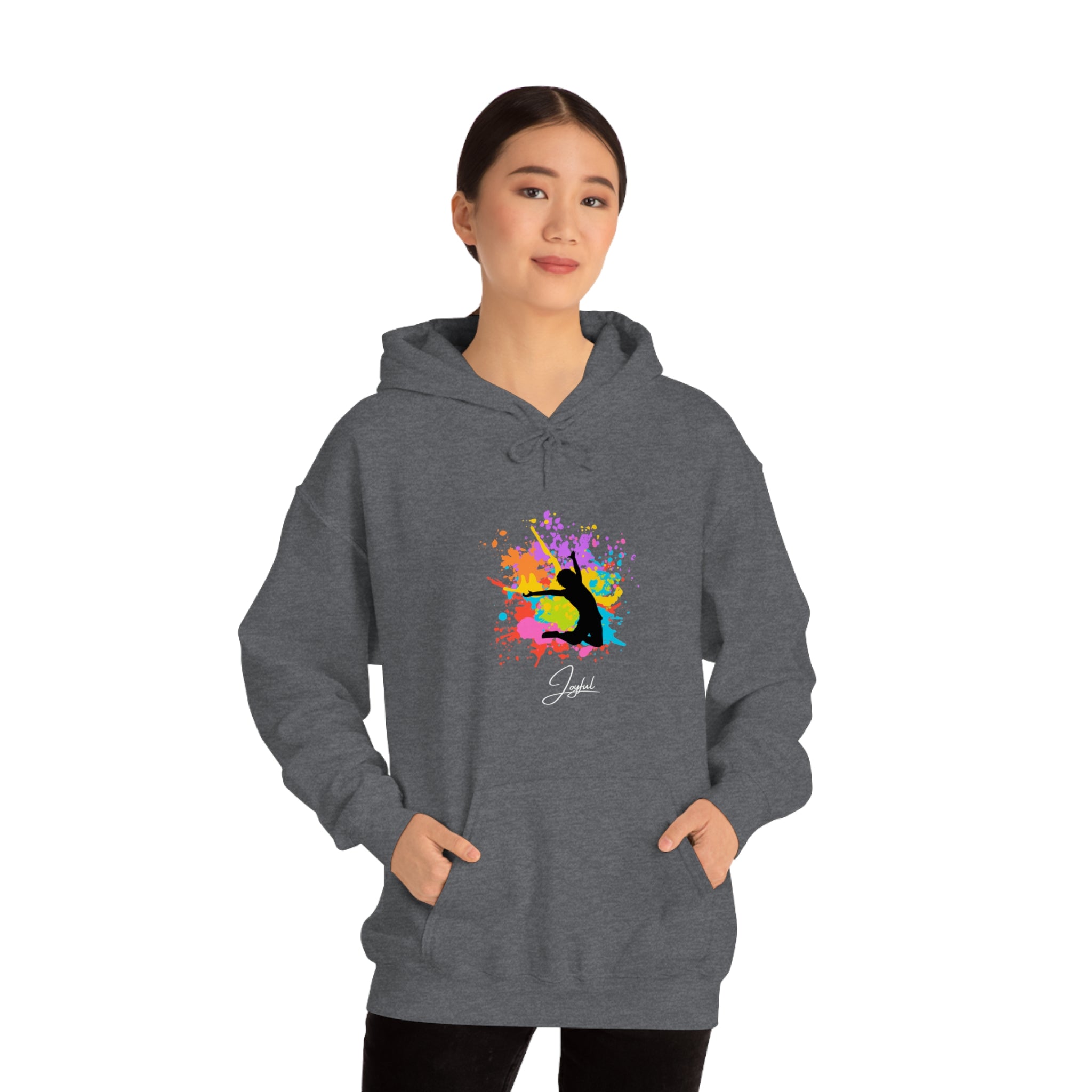 Adult female wearing dark heather  sweatshirt with "Joyful" image on front