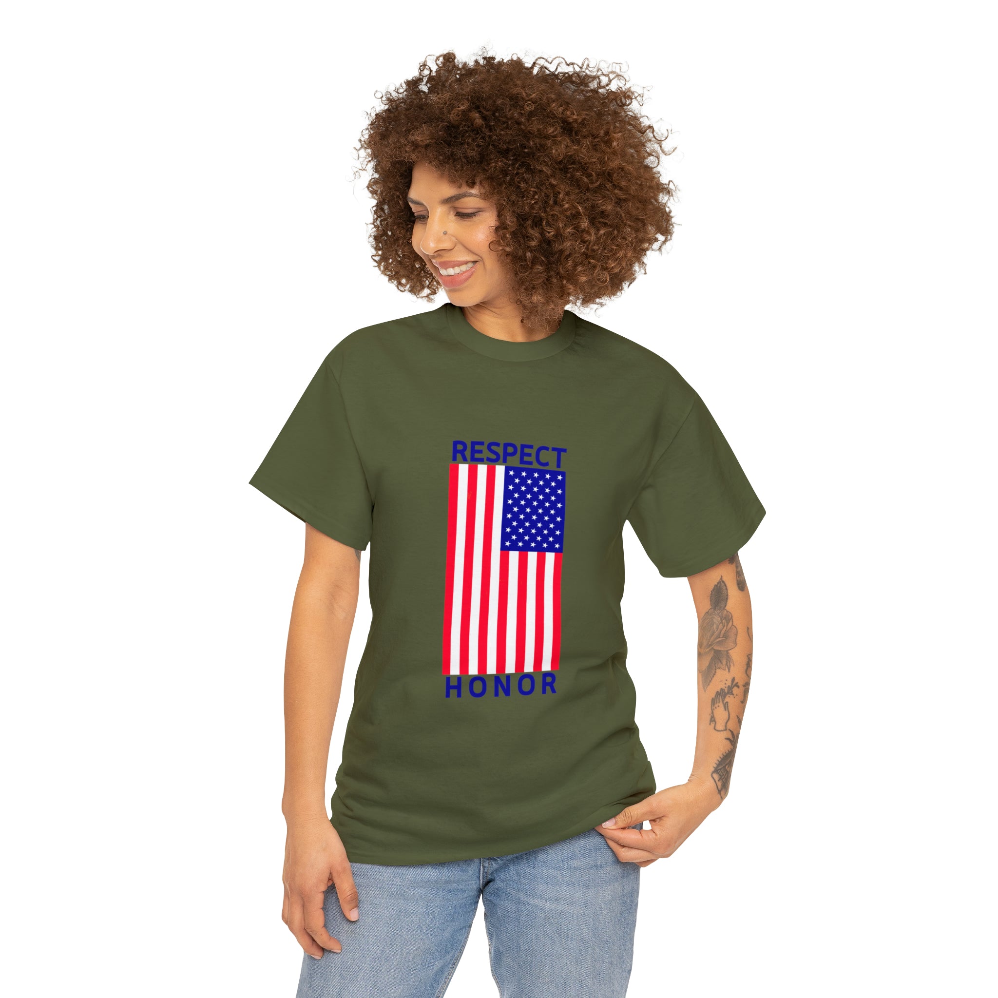 Adult female wearing military green T-Shirt with "Respect Honor" Inspired Classic American Flag on front.