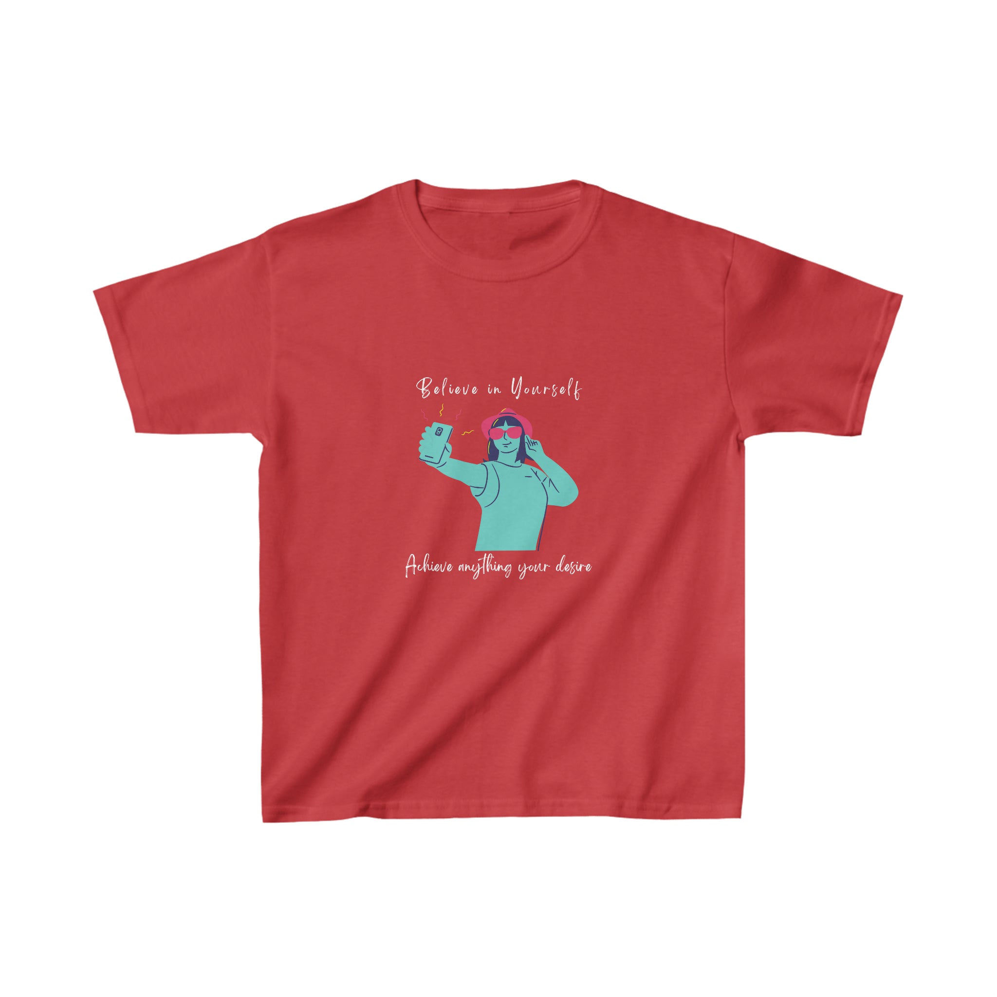 Youth girl red T-Shirt with "Believe In Yourself Achieve anything your desire" motivational image on front.