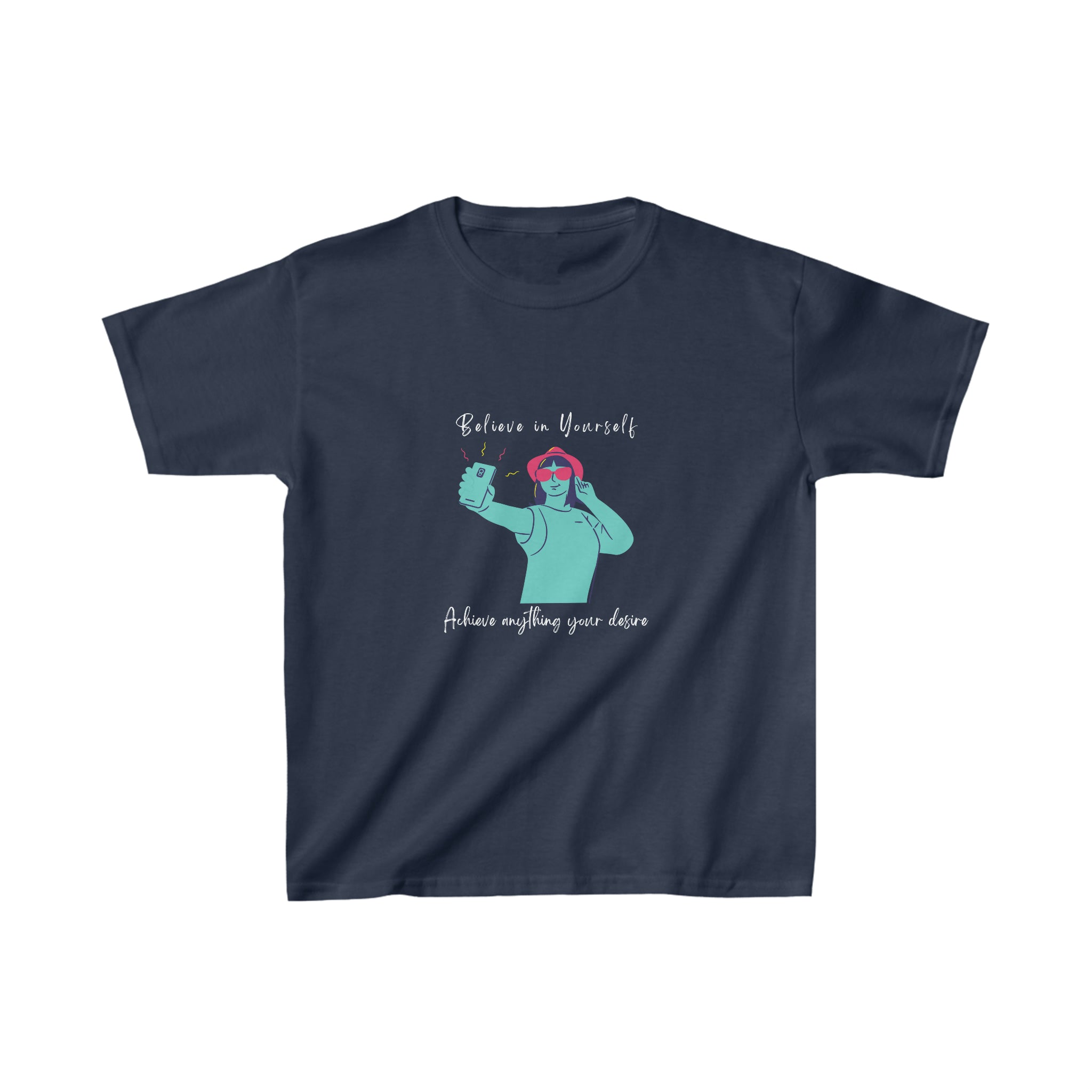 Youth girl navy T-Shirt with "Believe In Yourself Achieve anything your desire" motivational image on front.