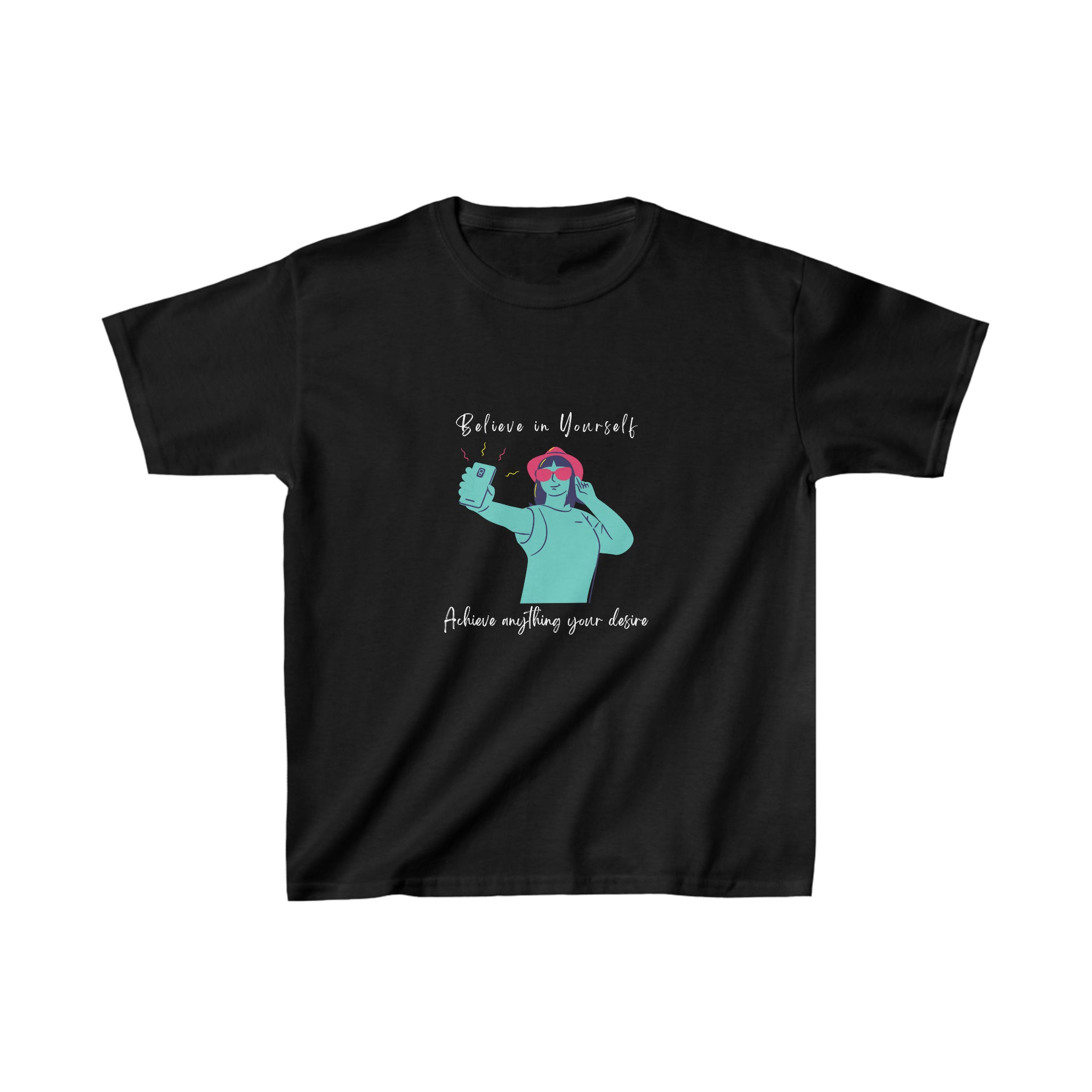 Youth girl black T-Shirt with "Believe In Yourself Achieve anything your desire" motivational image on front.