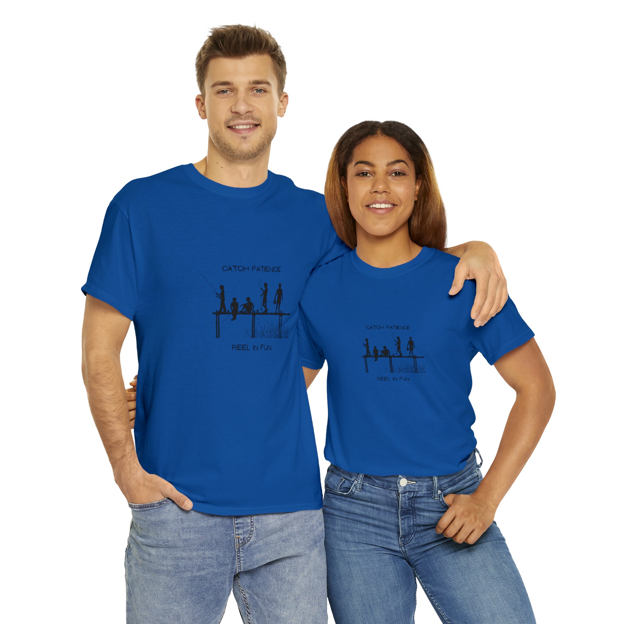 Adult female & male wearing royal  blue T-shirt with "Catch Patience Reel in Fun" inspired graphic of people fishing.