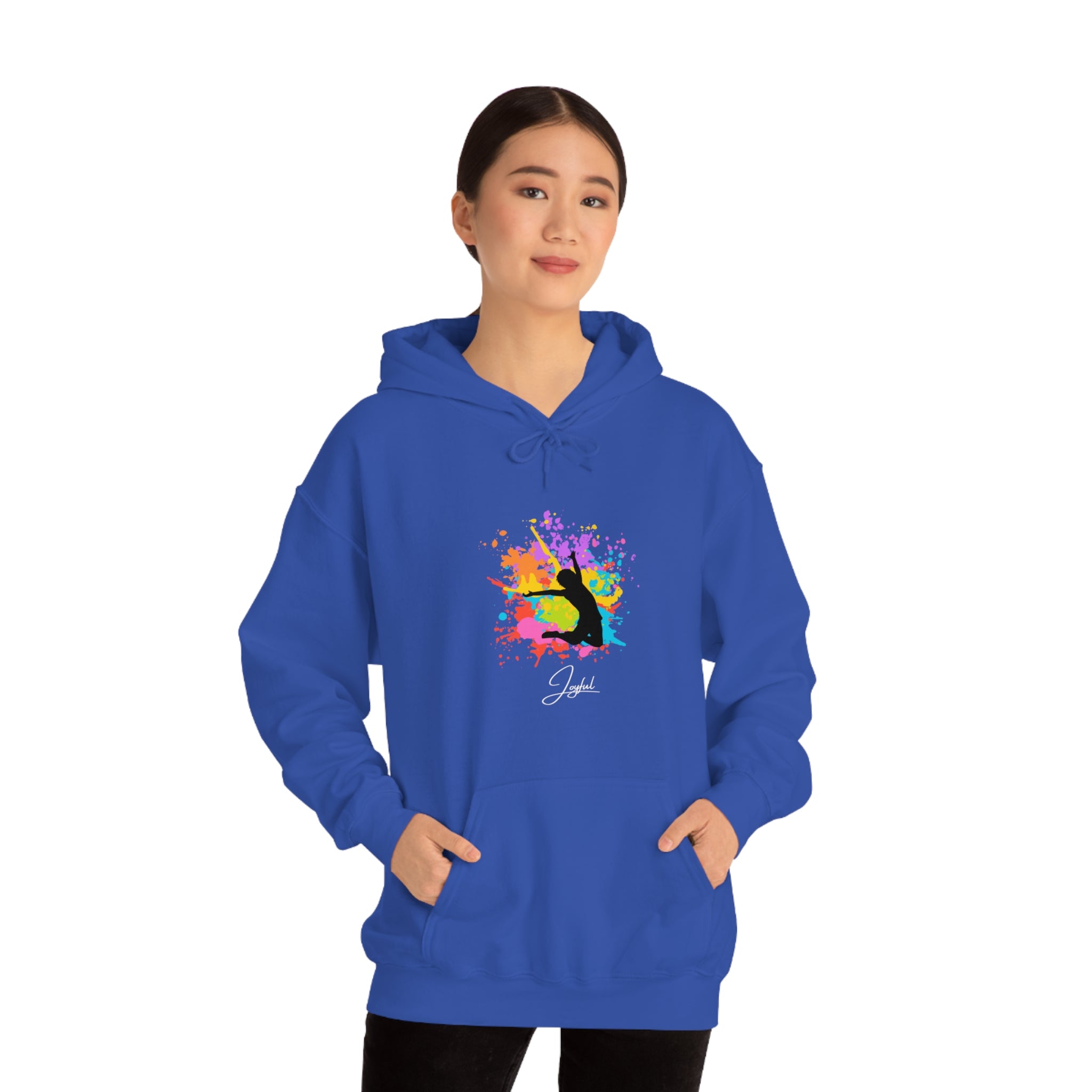 Adult female wearing Royal hoodie with "Joyful" graphic on front.
