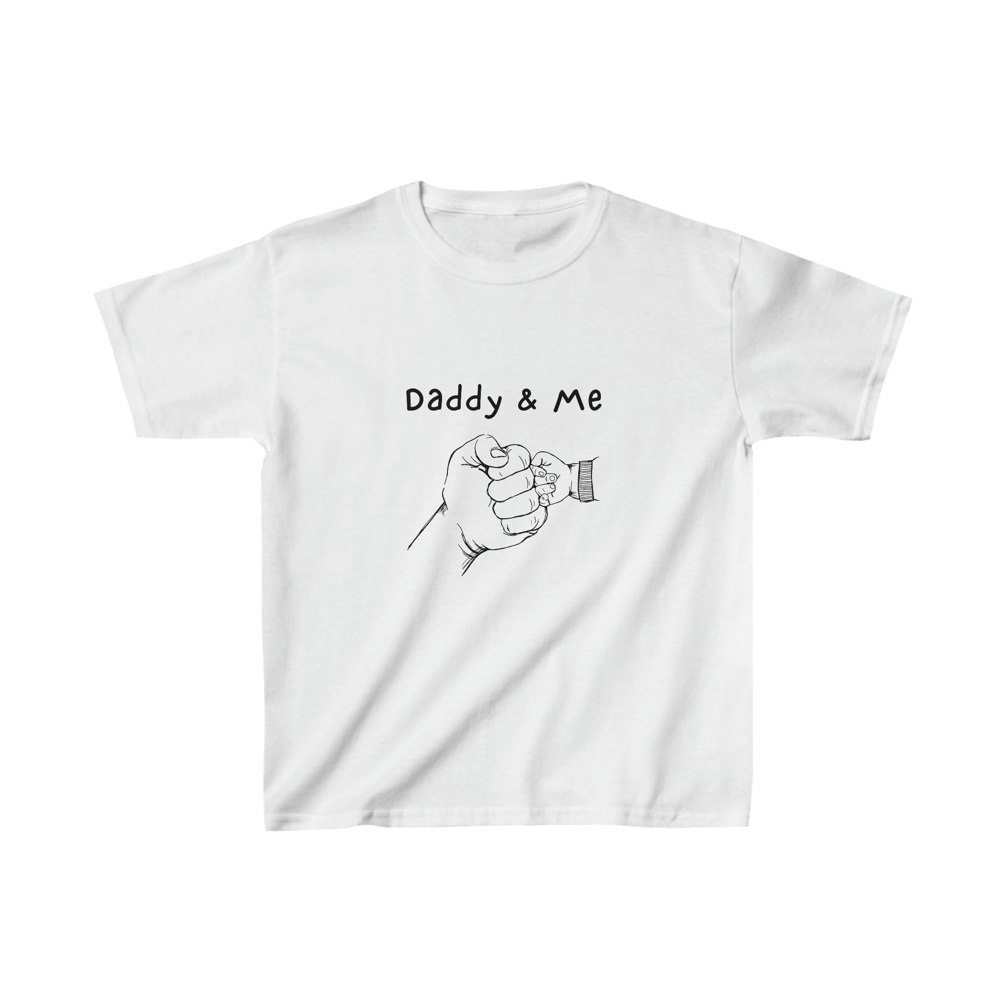 Youth unisex white T-Shirt with "Daddy & Me" inspired fist bump graphic on front.
