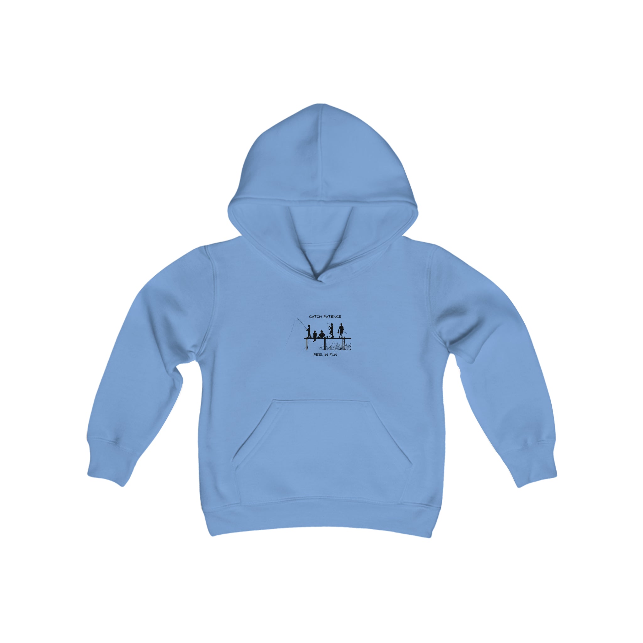 Carolina Blue Youth unisex sweatshirt with "Catch Patience Reel in Fun" inspired graphic of people fishing.