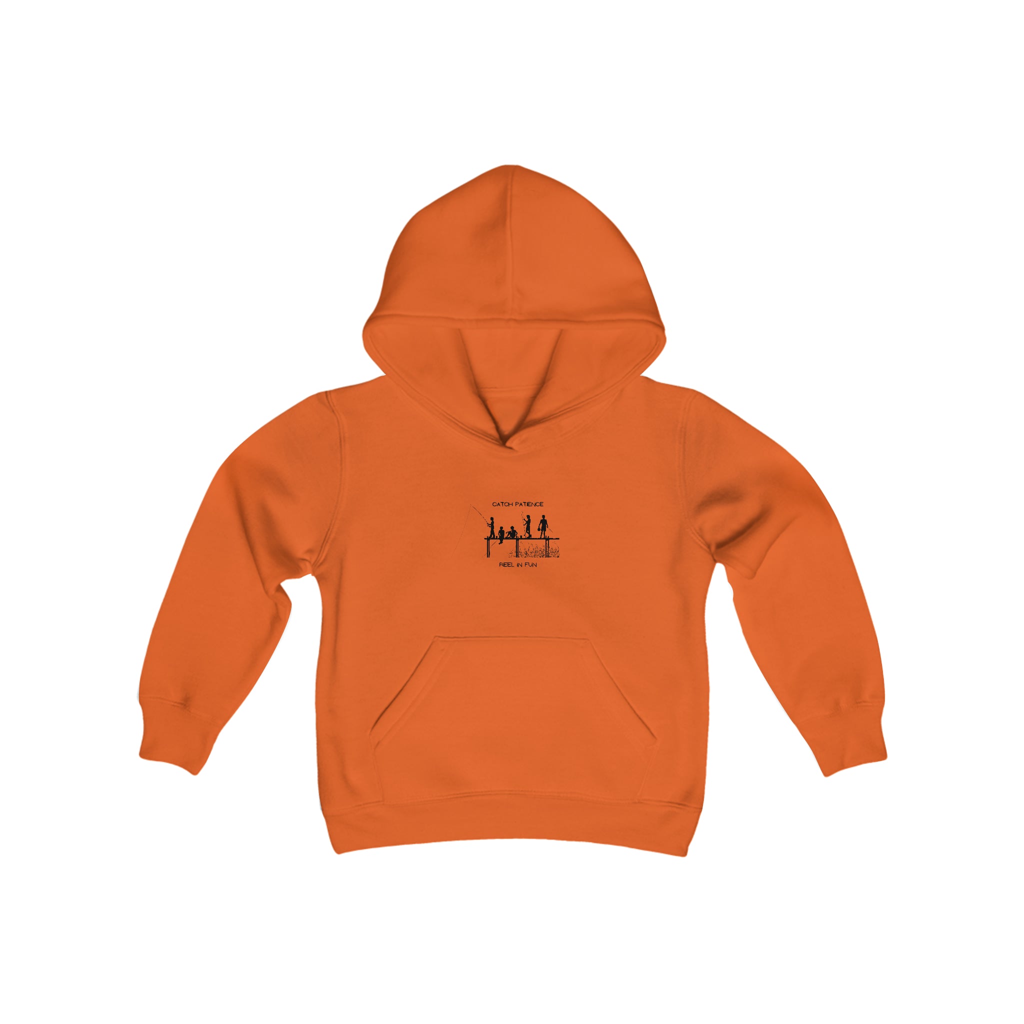 Youth unisex orange hoodie with "Catch Patience Reel in Fun" inspired graphic of people fishing.