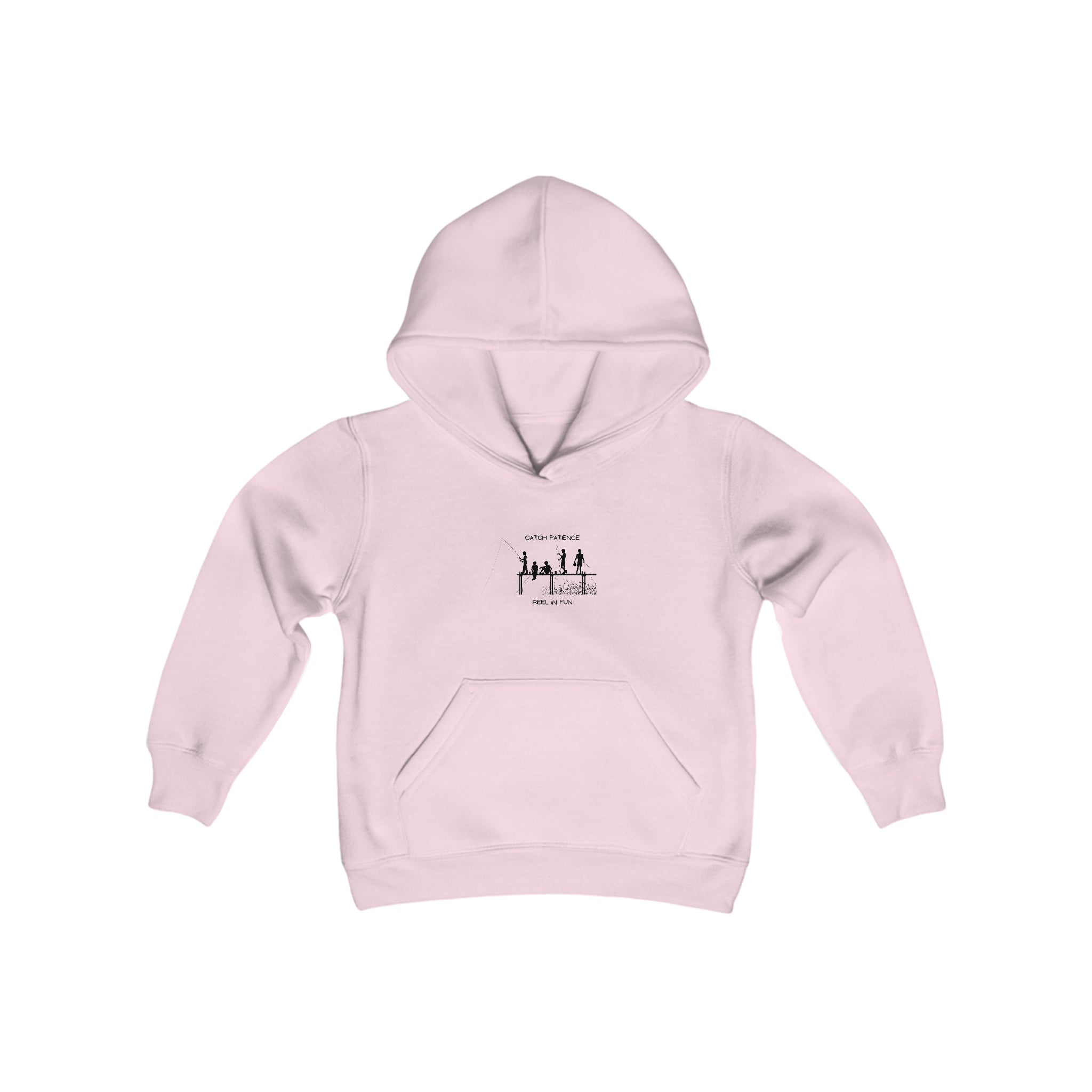 Youth unisex light pink hoodie with "Catch Patience Reel in Fun" inspired graphic of people fishing.