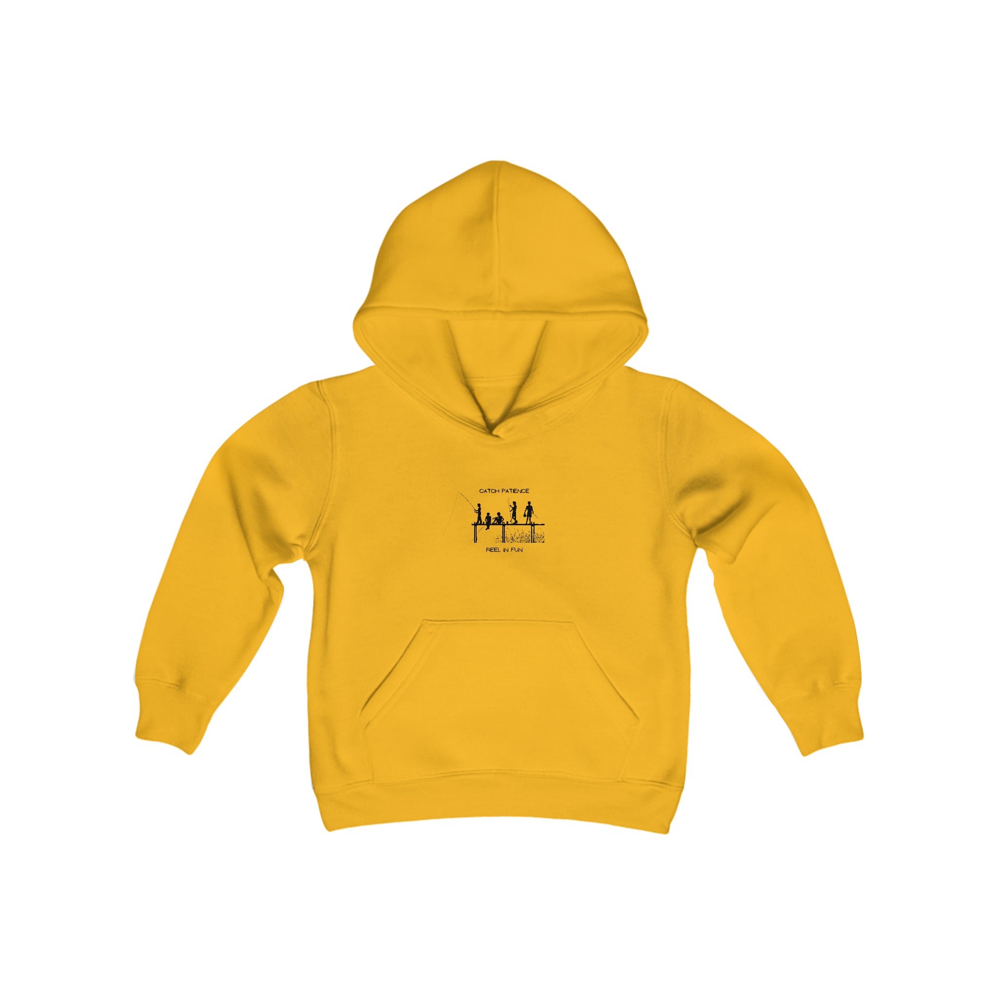 Youth unisex gold hoodie with "Catch Patience Reel in Fun" inspired graphic of people fishing.