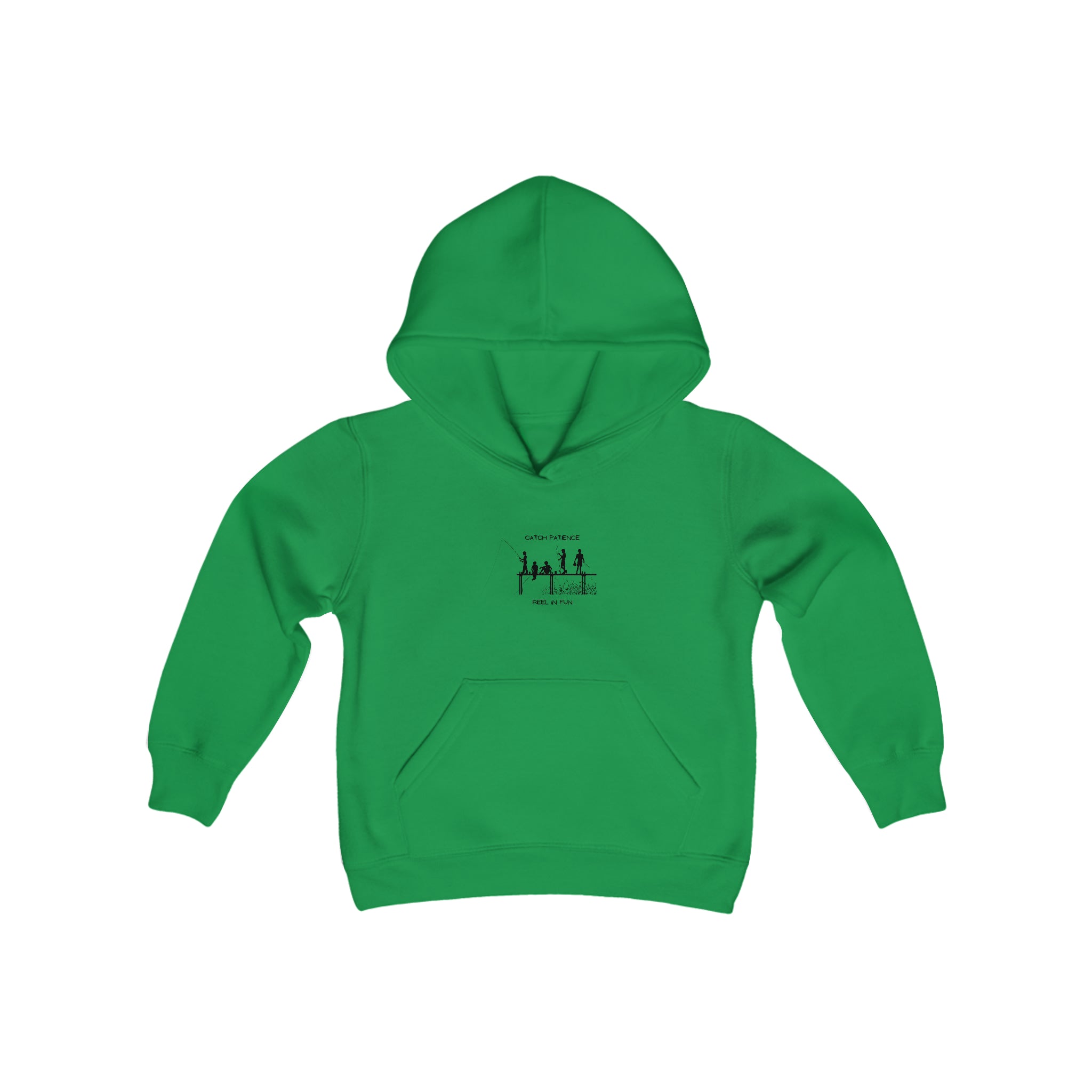 Youth unisex irish green hoodie with "Catch Patience Reel in Fun" inspired graphic of people fishing.
