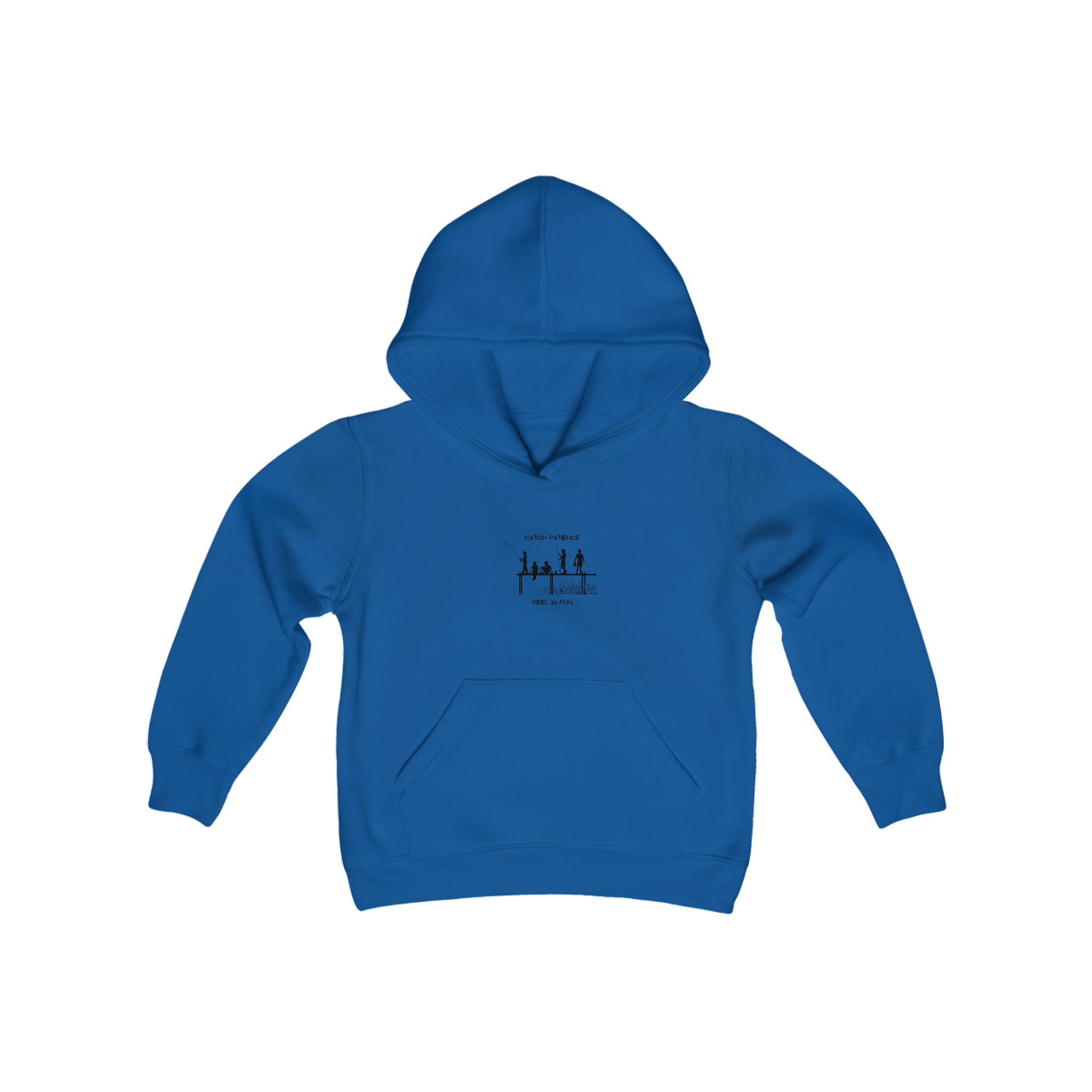Youth unisex royal hoodie with "Catch Patience Reel in Fun" inspired graphic of people fishing.