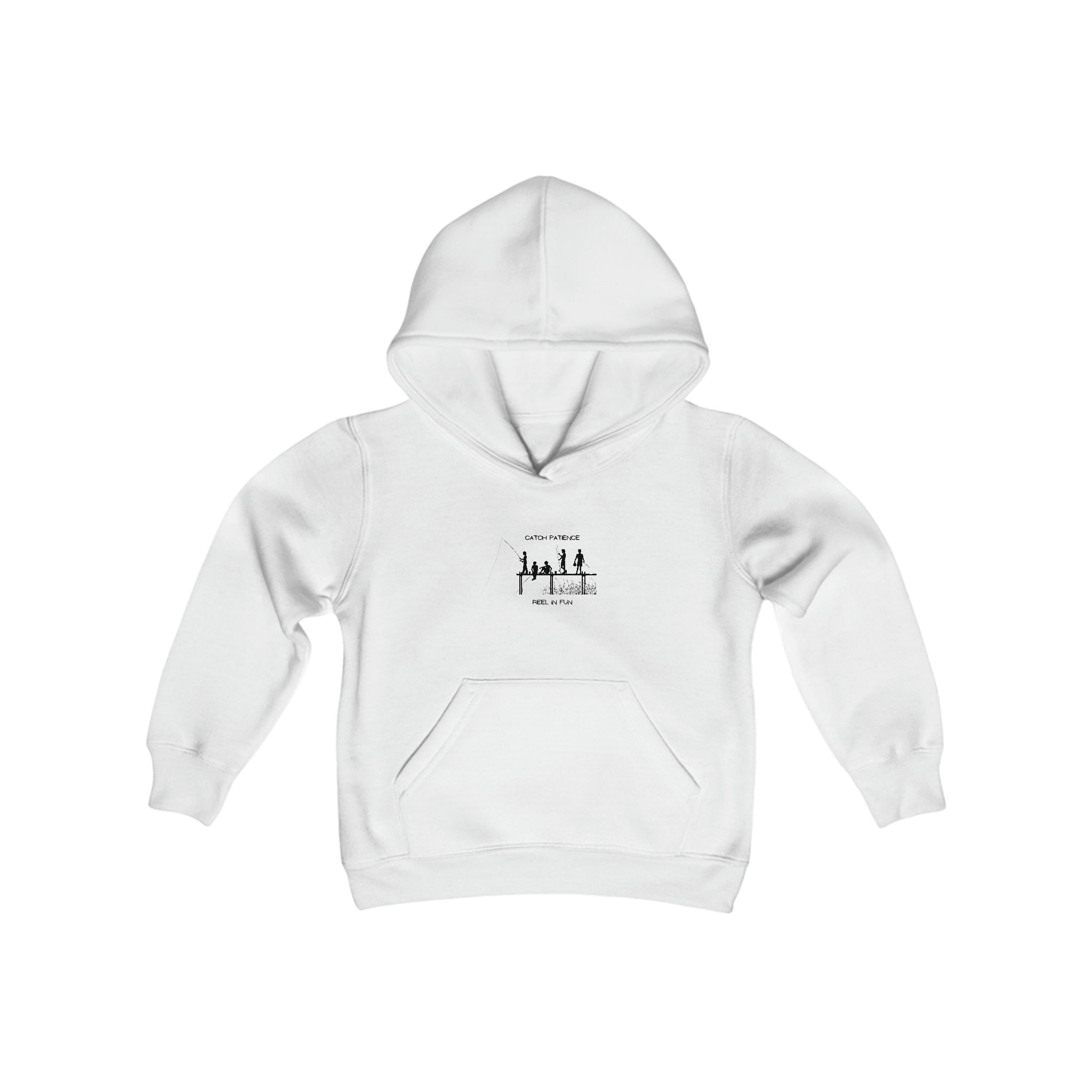 Youth unisex white hoodie with "Catch Patience Reel in Fun" inspired graphic of people fishing.