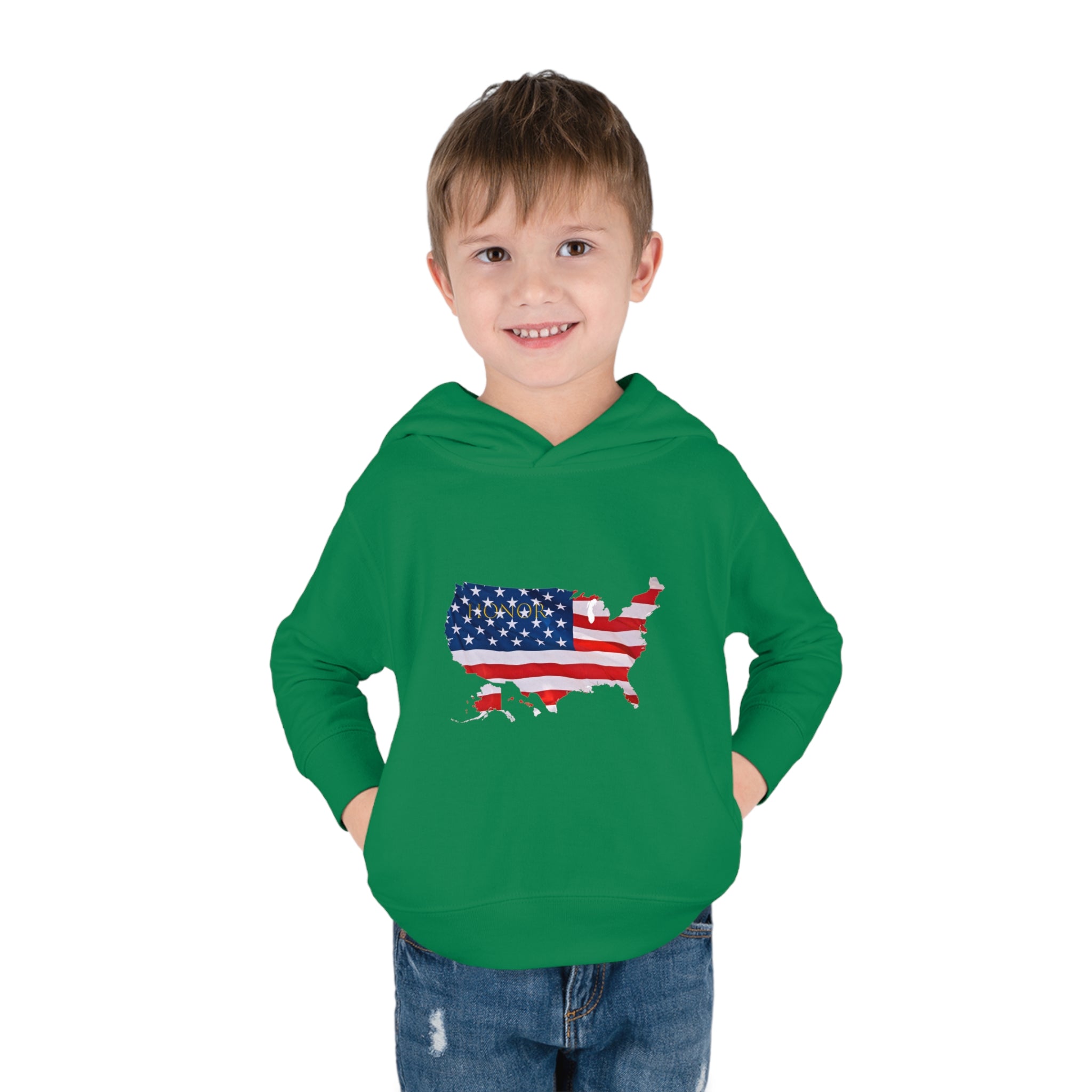 Toddler Boy wearing Irish green Hoodie with "Honor USA" inspired American as a Flag graphic on front.