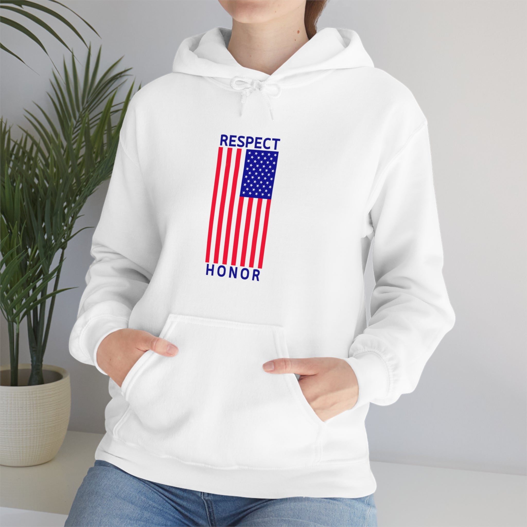 Adult female front view wearing white hoodie with "Respect Honor" Inspired Classic American Flag on front.