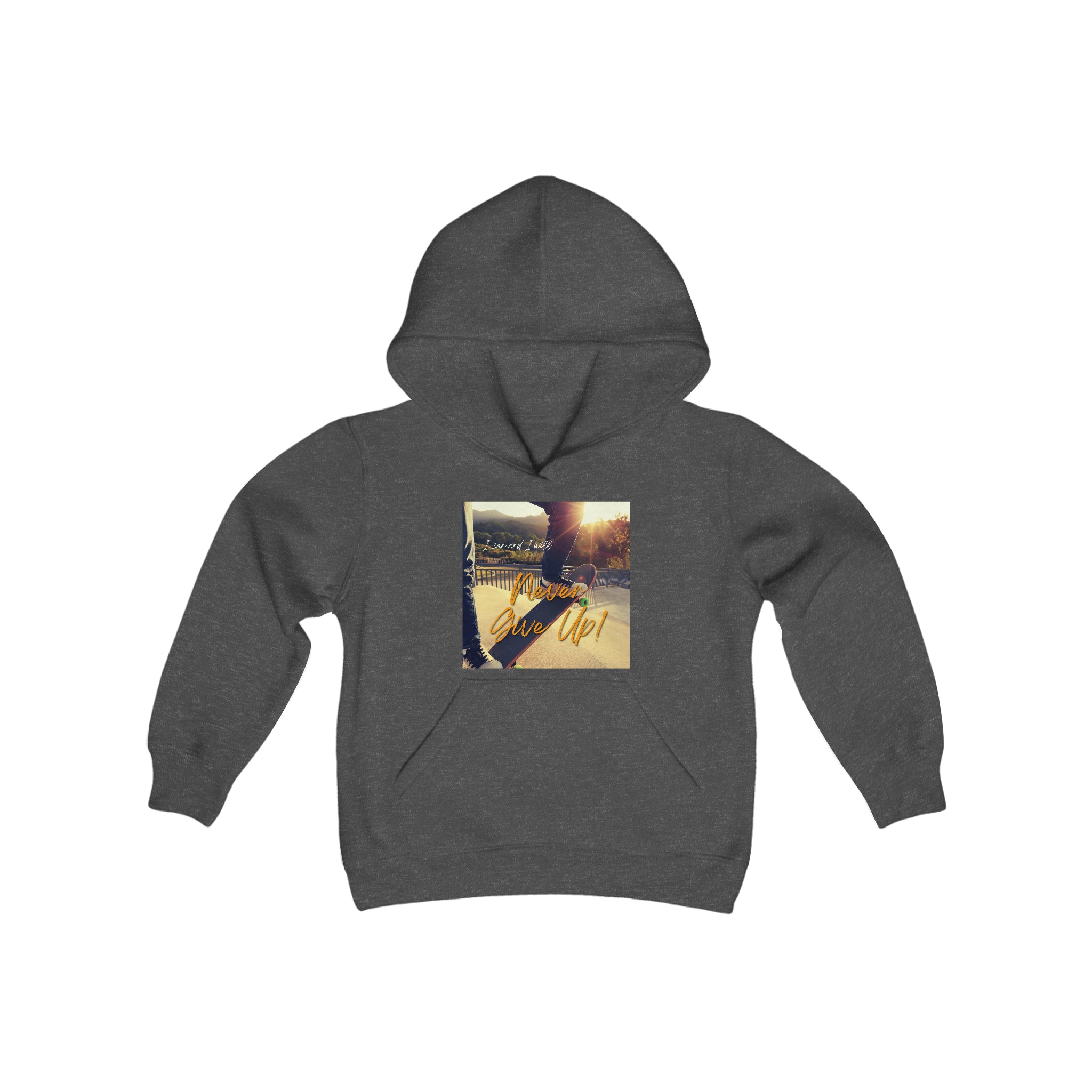Youth Unisex dark heather Sweatshirt with "I can I will Never give up!" Motivational with Skateboard graphic