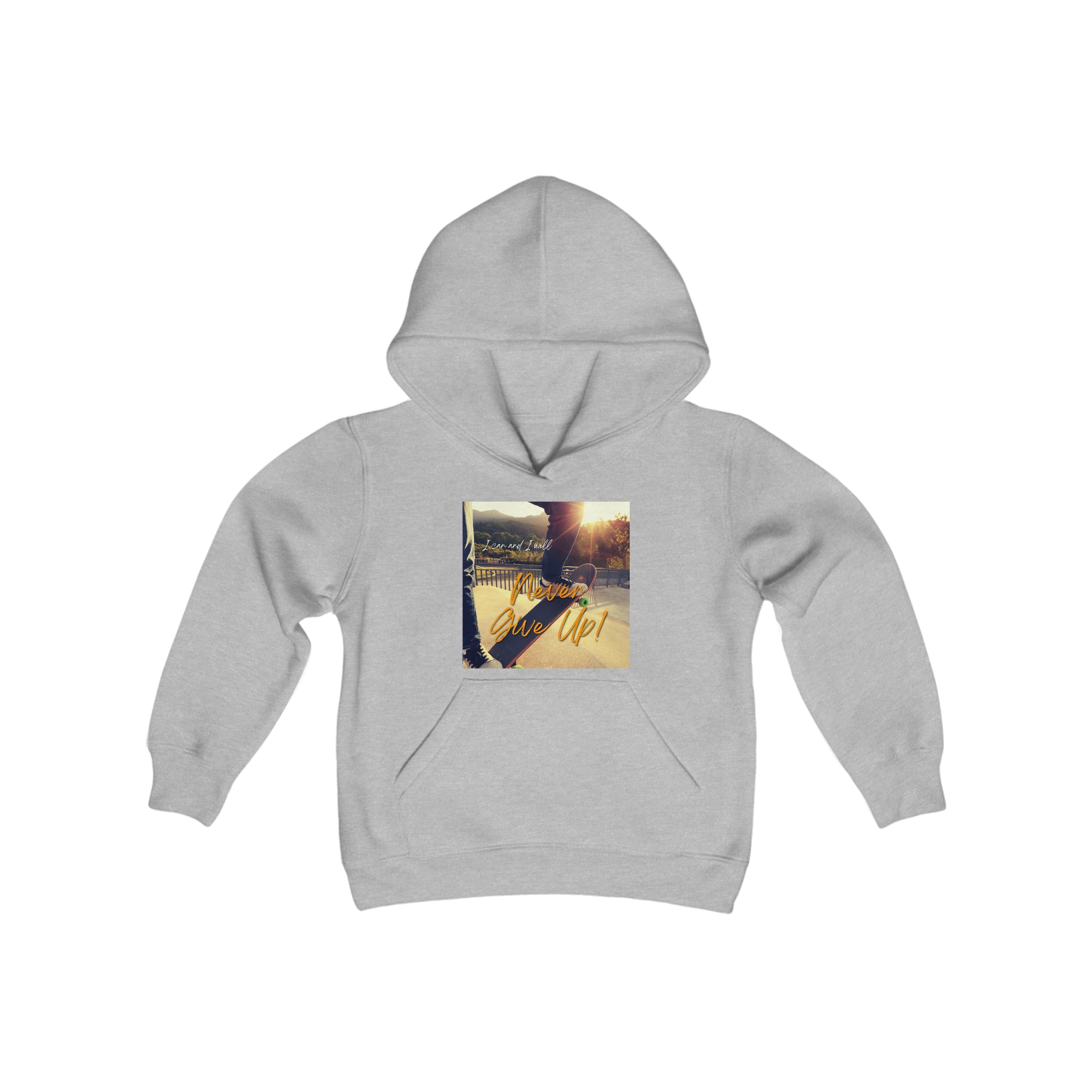 Youth Unisex sports grey Sweatshirt with "I can I will Never give up!" Motivational with Skateboard graphic