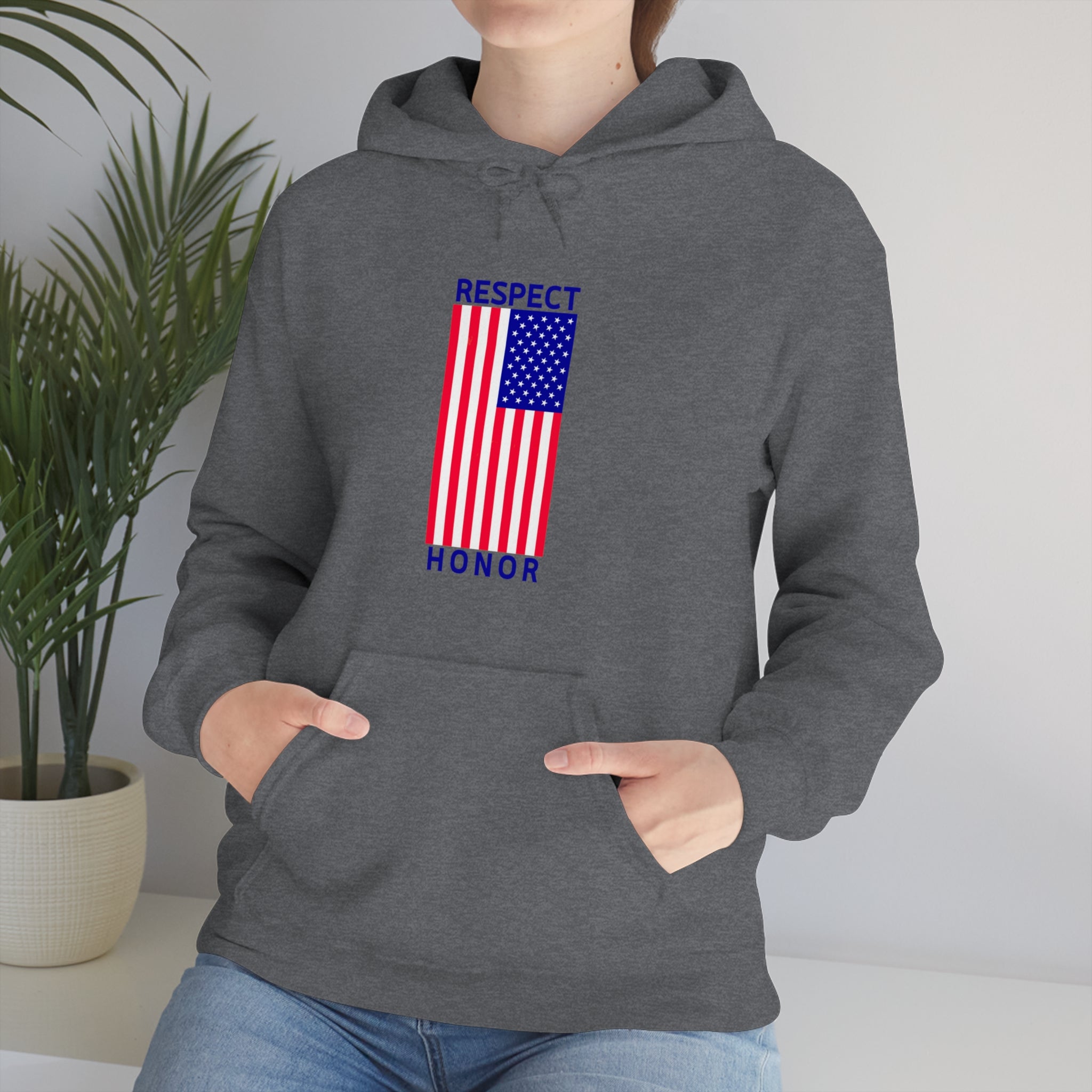 Adult female front view wearing sports grey hoodie with "Respect Honor" Inspired Classic American Flag on front.