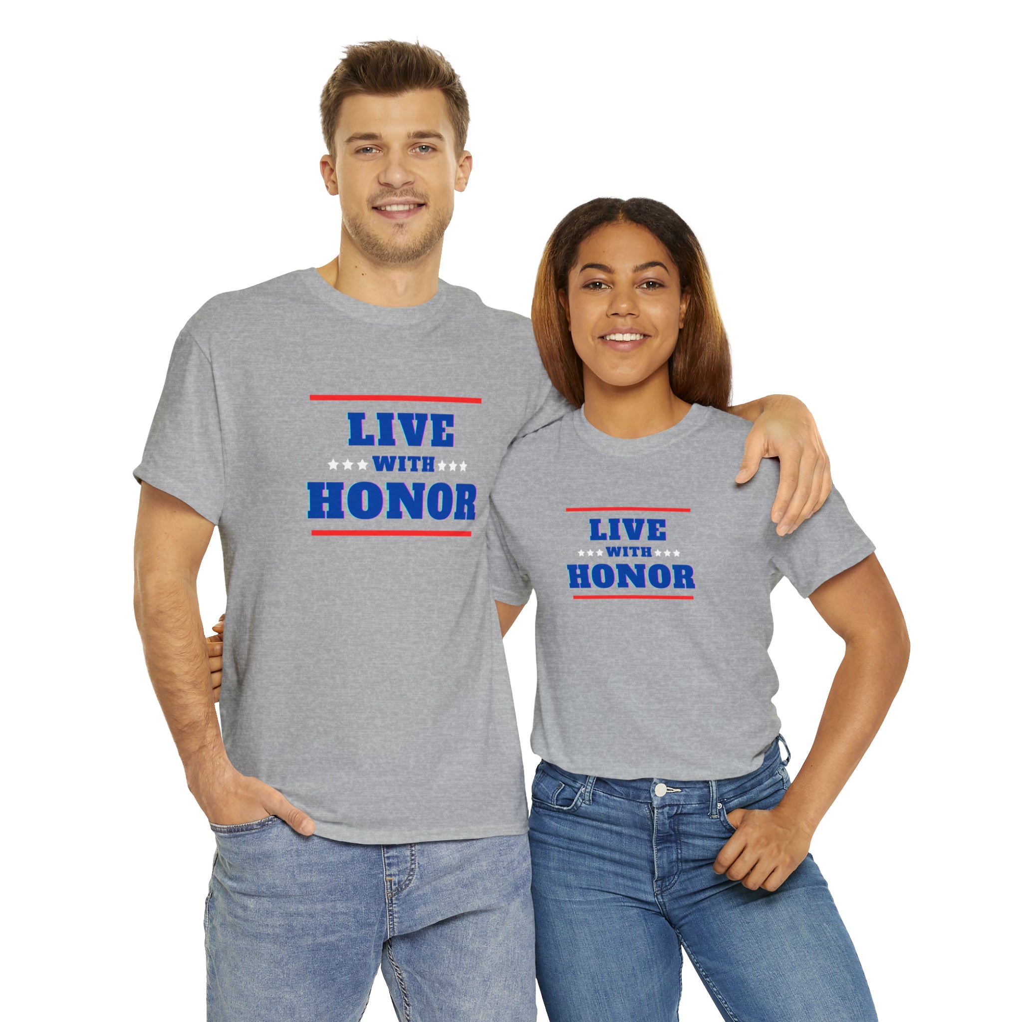Adult male & female wearing sports grey T-Shirt " Live With Honor" inspired images
