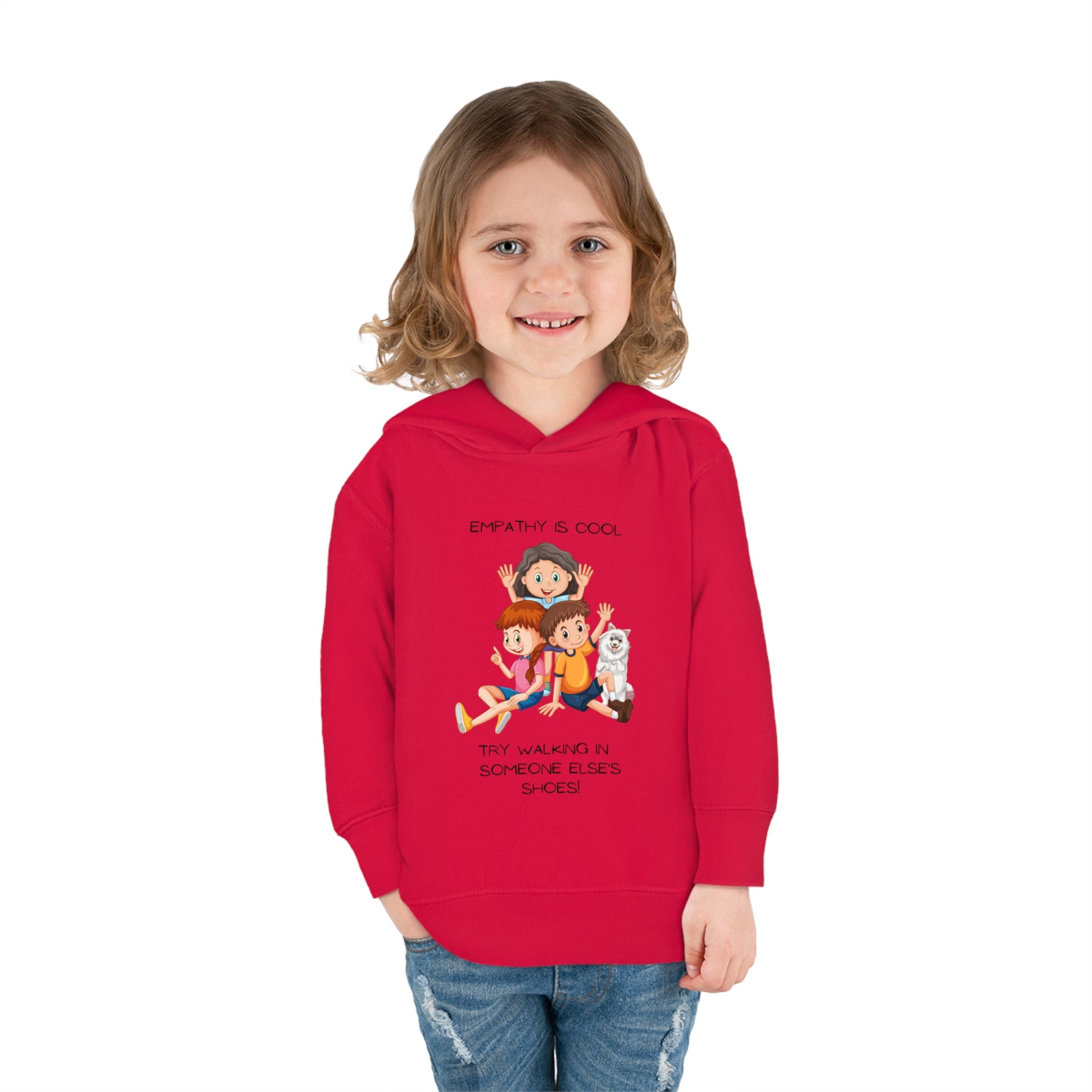 Toddler girl wearing red hoodie " Empathy Is Cool Try Walking In Someone Else's Shoes" Inspired message on front.