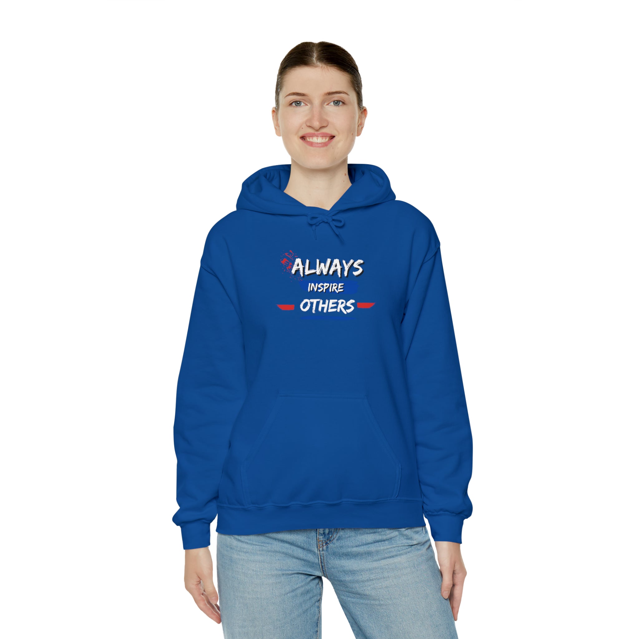 Adult female wearing royal  hoodie with "Always Inspire Others" image on front.