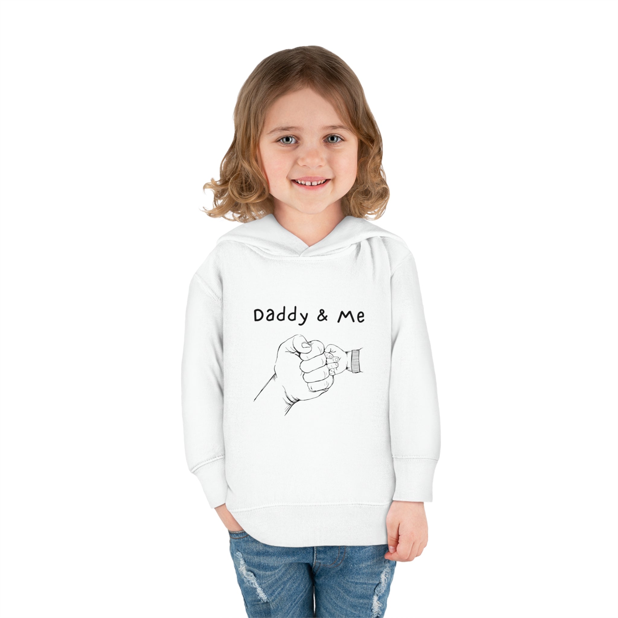Toddler girl white hoodie " Daddy & Me" with fist bumps hands on front.