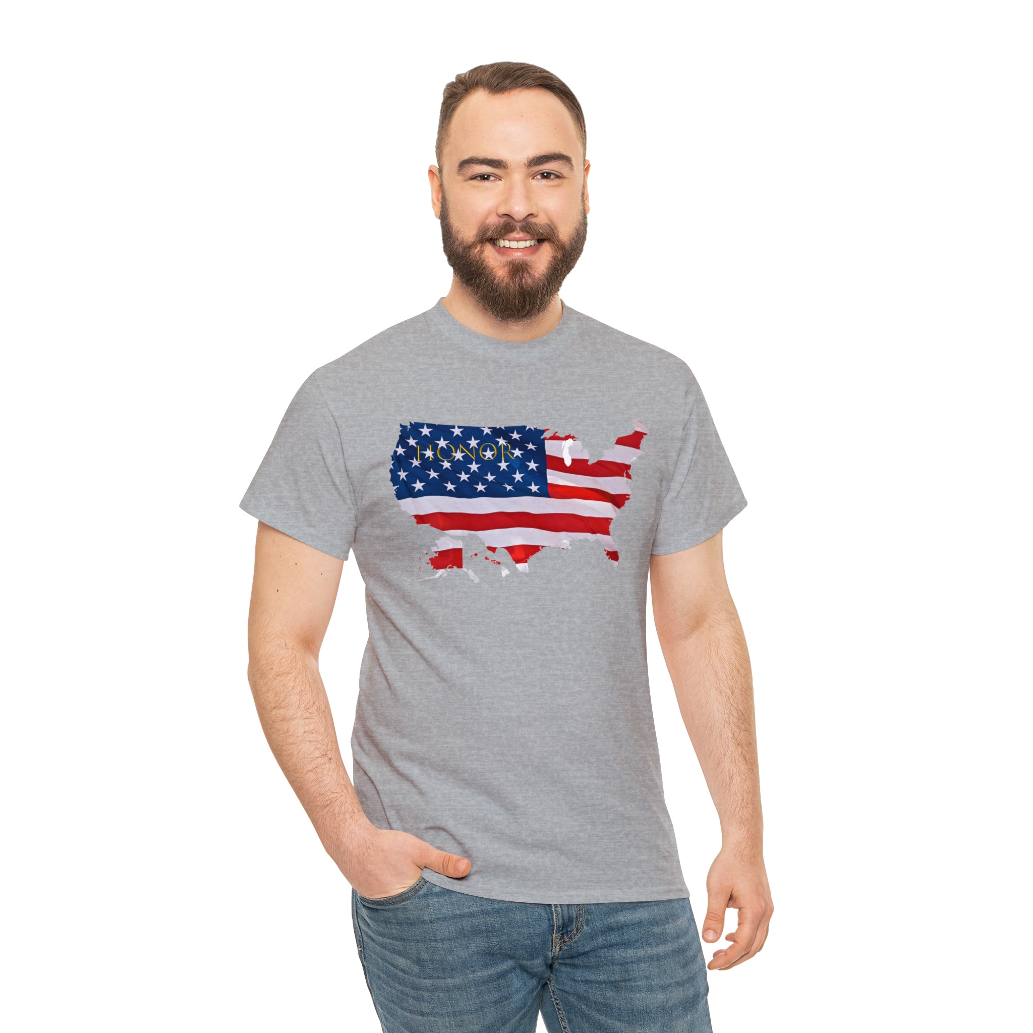 Adult Male wearing sports grey T-Shirt with "Honor USA" inspired American as a Flag graphic on front.