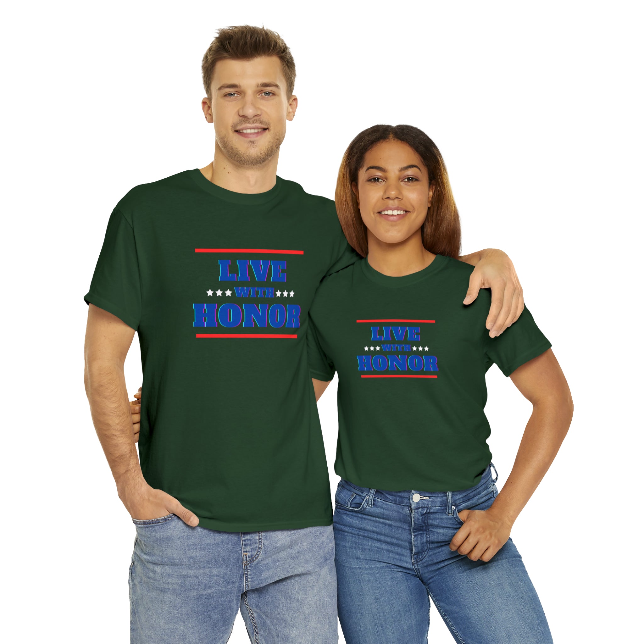 Adult male & female wearing forest green T-Shirt " Live With Honor" inspired images