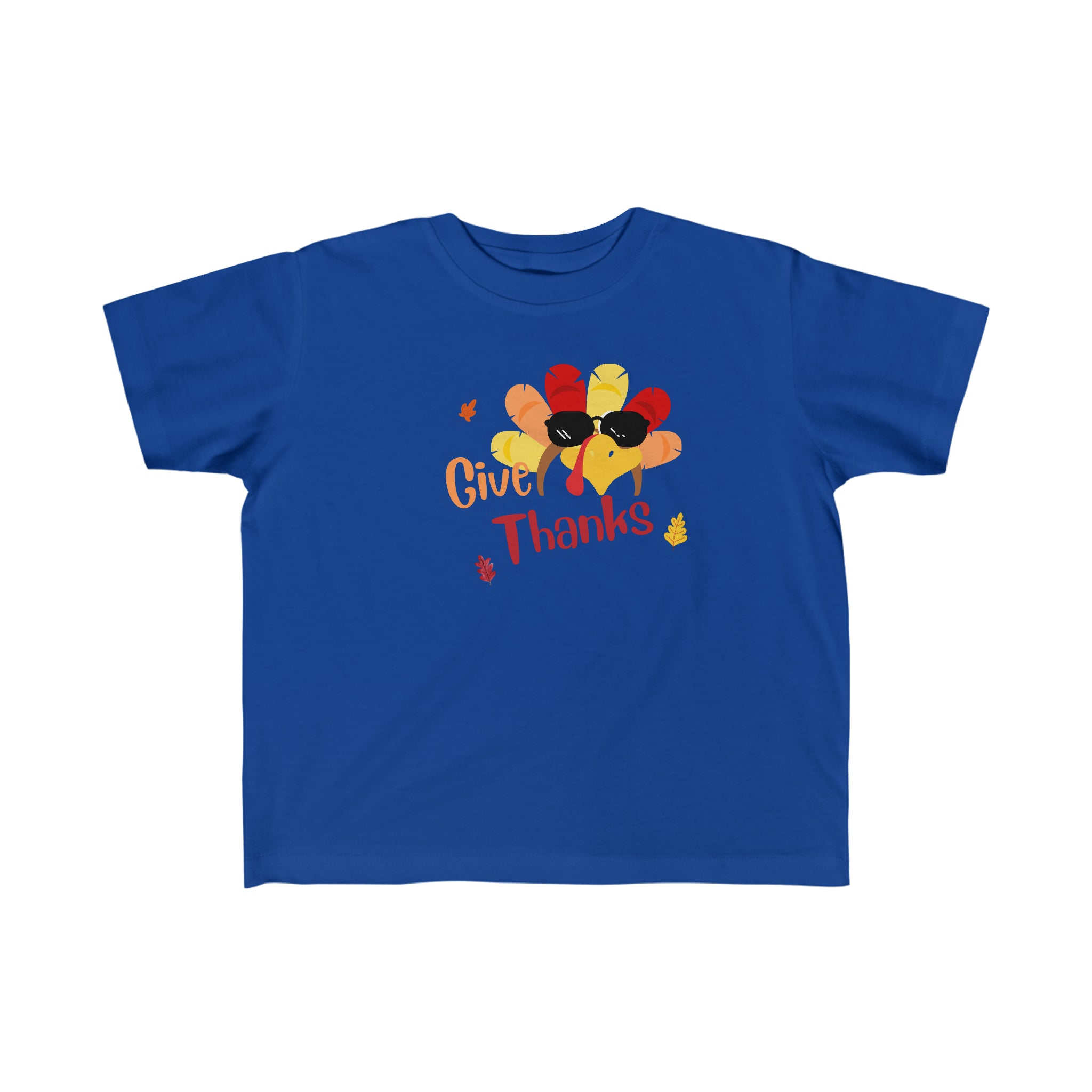 Toddler unisex wearing royal  T-Shirt " Give Thanks" with Turkey head on front.